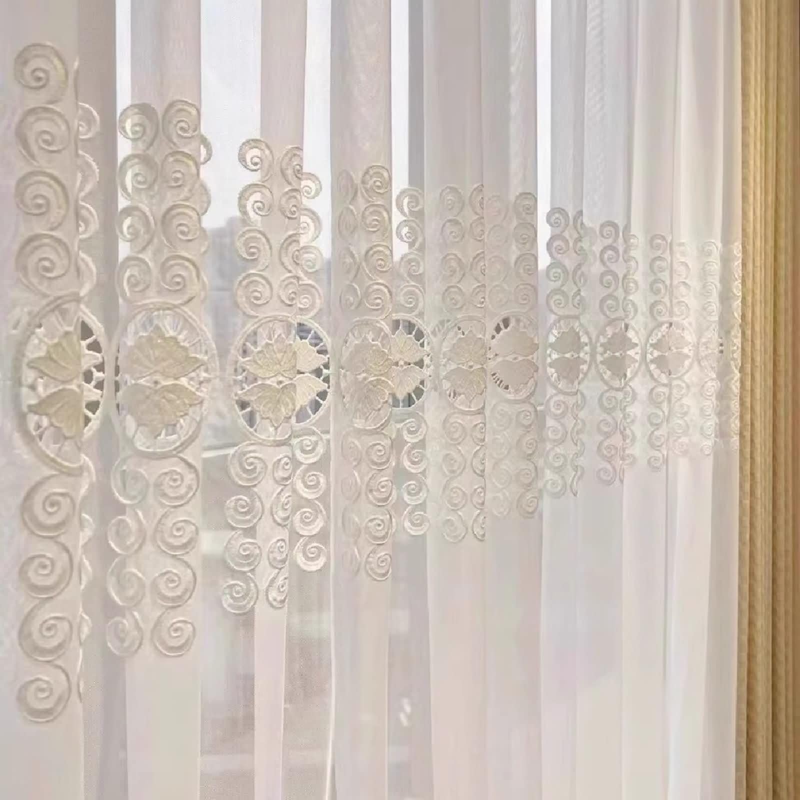 KnSam Rideau Voilage Blanc, 2 Pièces, Rideaux Chambre Salon Broderie, Dentelle à Crochets, 102x183cm x 1pcs