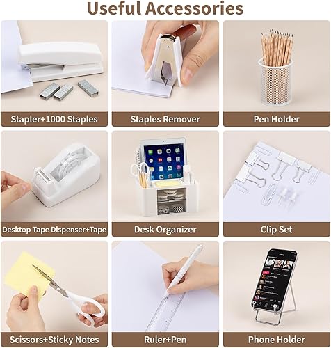 Miniatura 4 de Organizadores de escritorio blancos y accesorios de 12 + 1 pieza, suministros de oficina para escritorio, organizador de bolígrafos con 2 cajones
