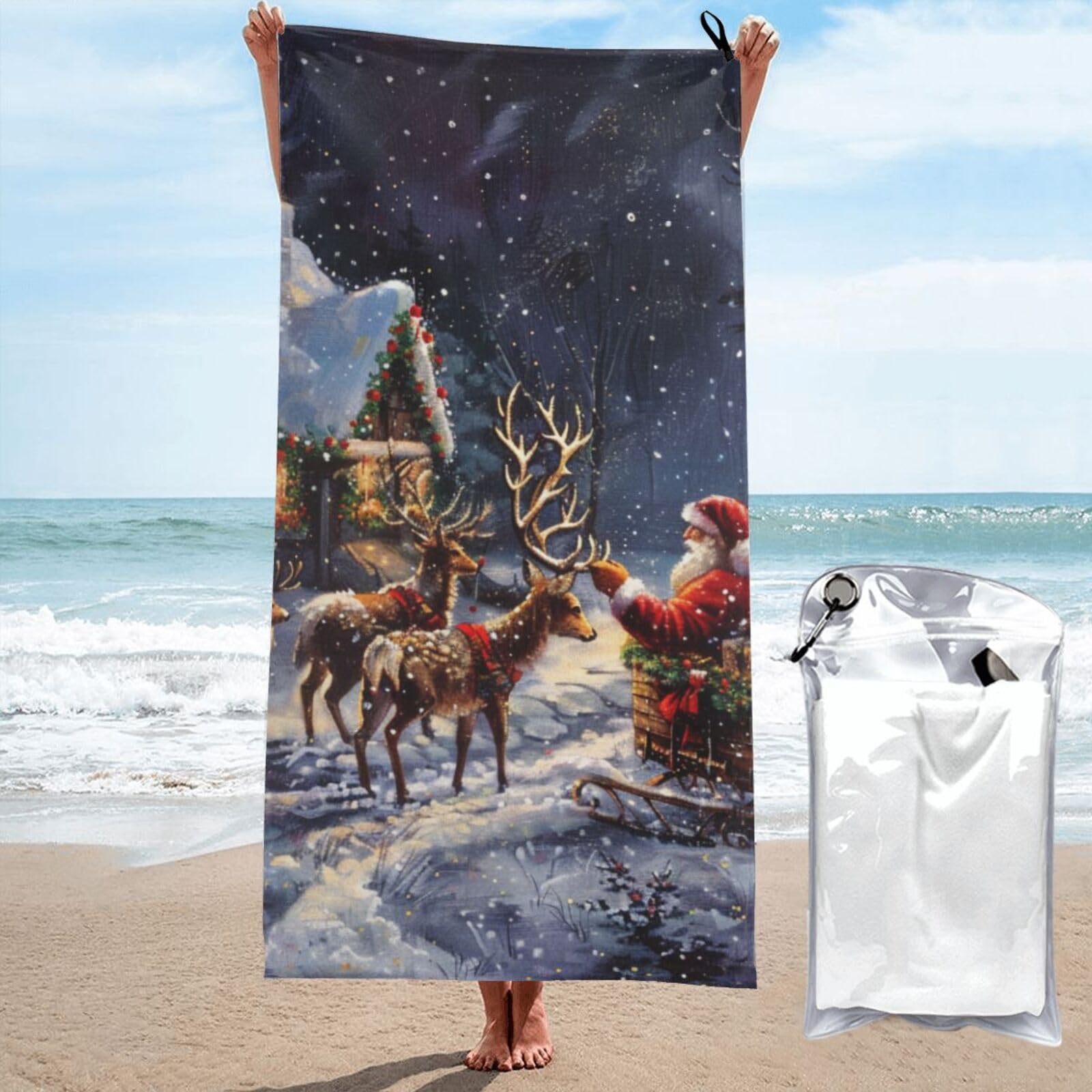 BWWHCCTI Snow Night Santa and Deer Printed Microfiber Quick Dry Beach Towel 80x160 CM, Fast Drying Bath Towels with Bags for Travel,Camping,Gym,Beach,Swimming,Yoga