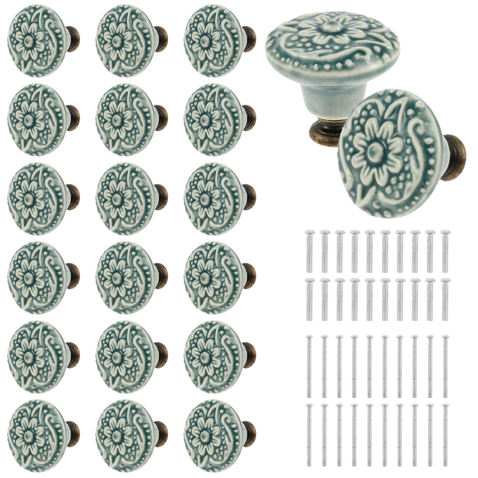 YUNYOUC 20Pcs Ceramic Drawer Knobs, Vintage Flower Cabinet Pulls, Retro Dresser Decorative Flower Handles with Mounting Screws for Cabinets Drawer Cupboard Wardrobe, Diameter 1.4 inch(Green)