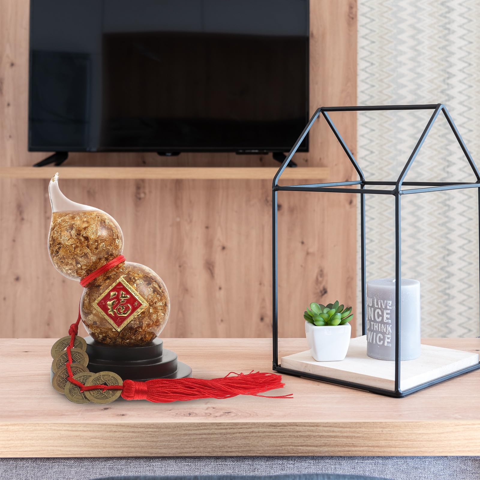 Ipetboom Ornement Richesse Symbole Décoration ou et Prospérité Intérieure pour Artisanal Calebasse Dorée en Verre Feuille d'or de Bureau Maison