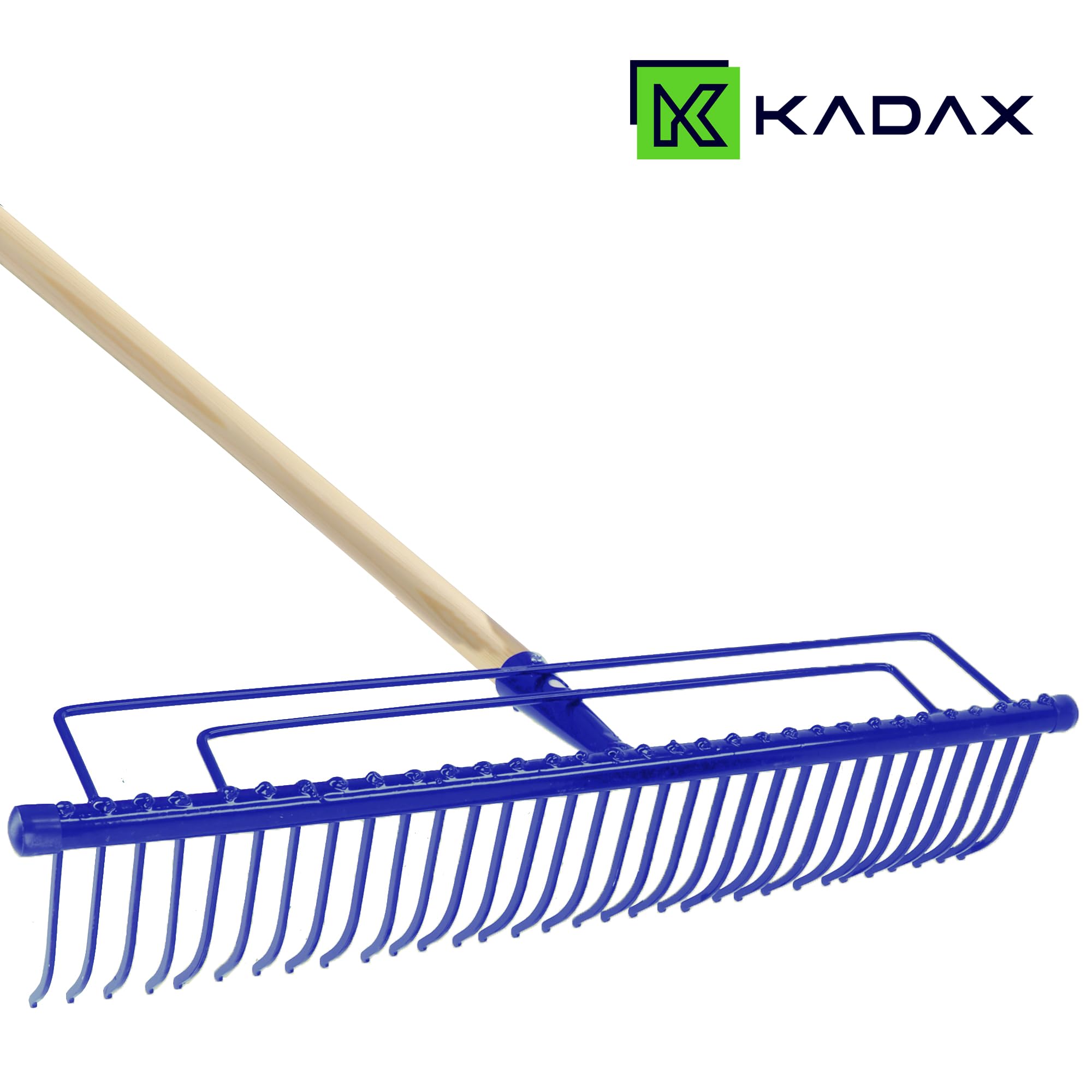 KADAX Rastrillo de metal, rastrillo ancho con cabeza reforzada, rastrillo de jardín con mango largo de madera, resistente herramienta de jardín (32 dientes, azul)