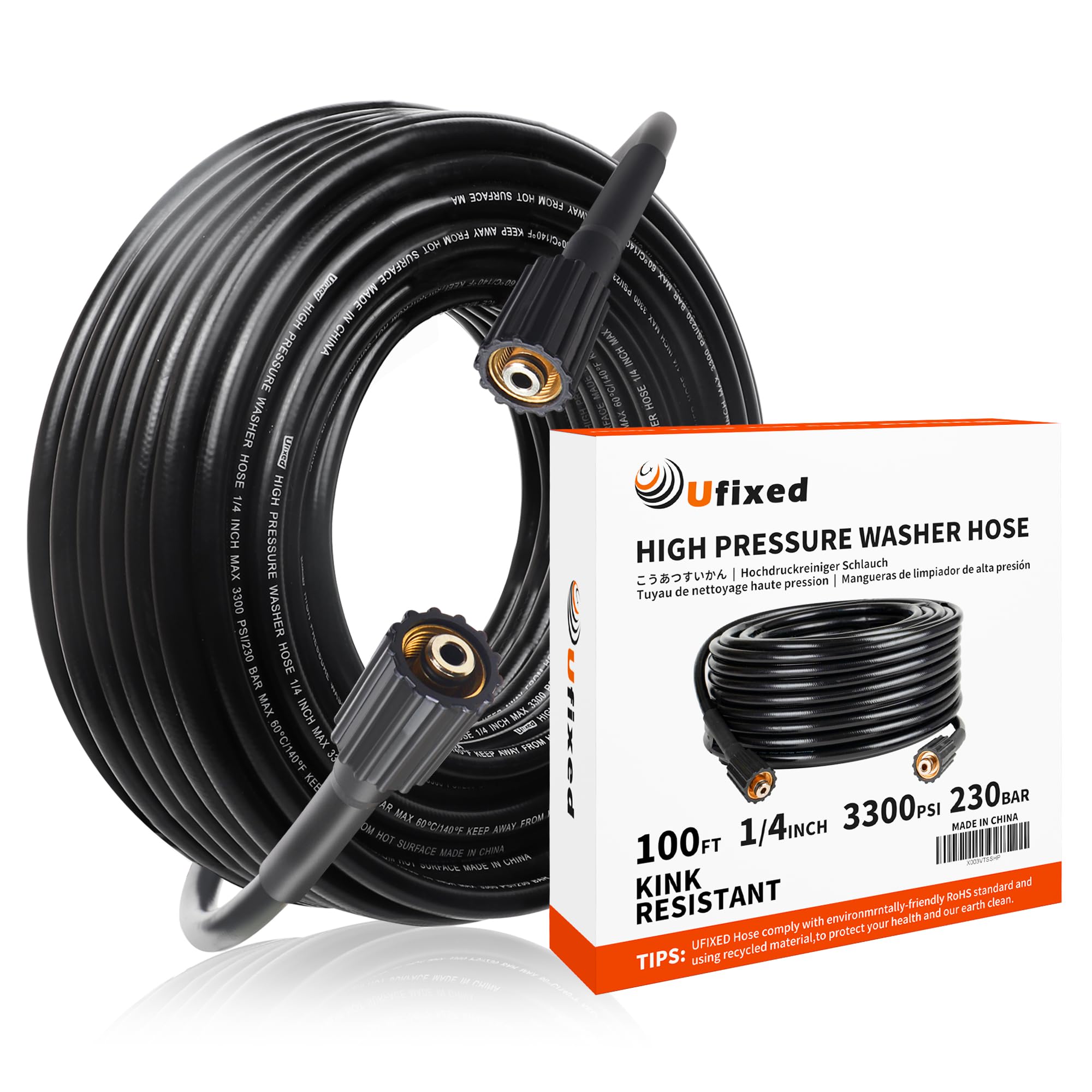 1/4 Pressure Washer Hose 25FT 3300 PSI, Ufixed Power Washer Hose Brass Fitting M22 14MM Non Marking High Pressure Washer Replacement Hose Light Weight Water Pressure Hose