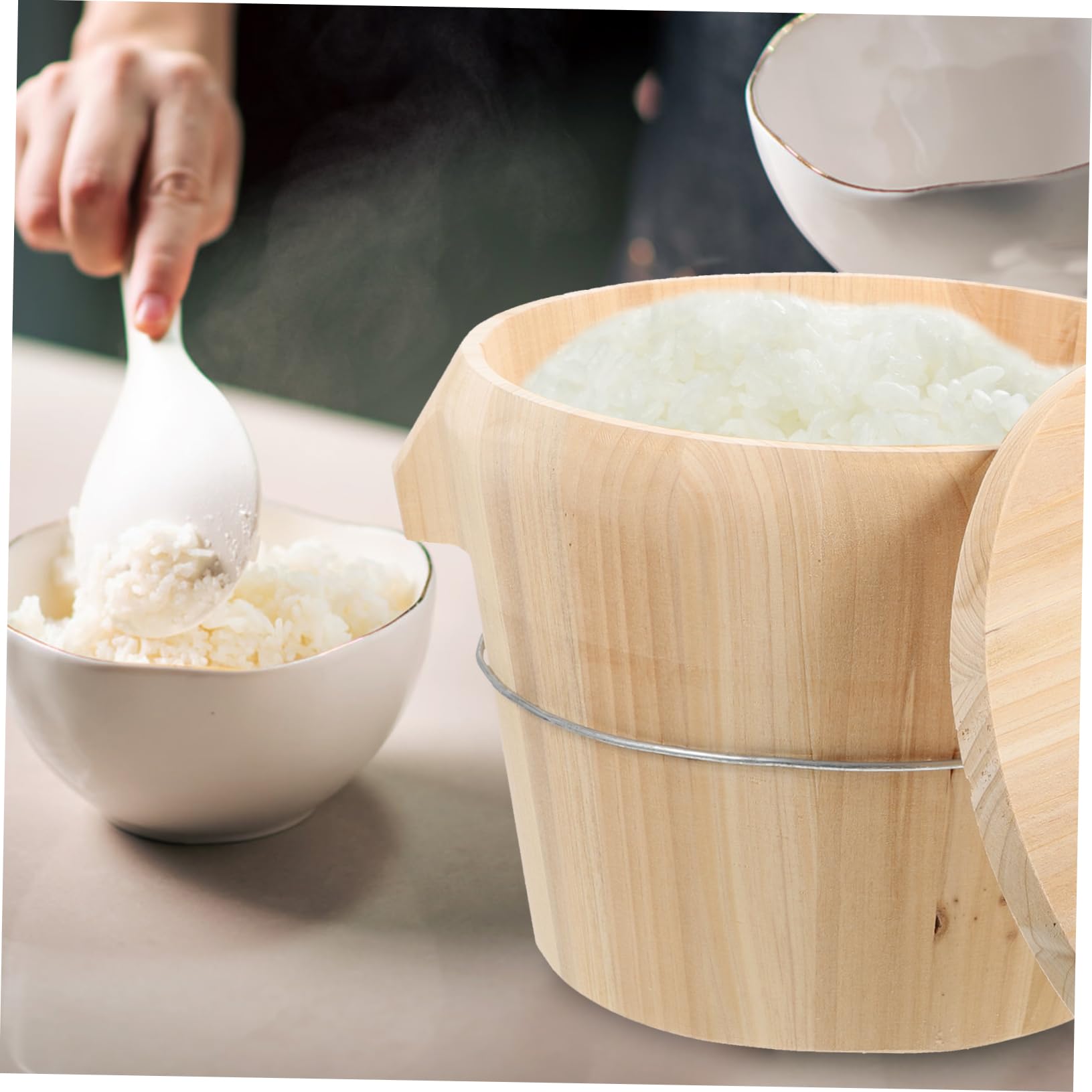 Cubo de Arroz al Vapor de Madera Natural para Restauración y Hogar | Madera Natural, Diseño de Fondo Móvil, Limpieza Sencilla, para Cocina al Vapor, Restauración y Hogar Doméstico