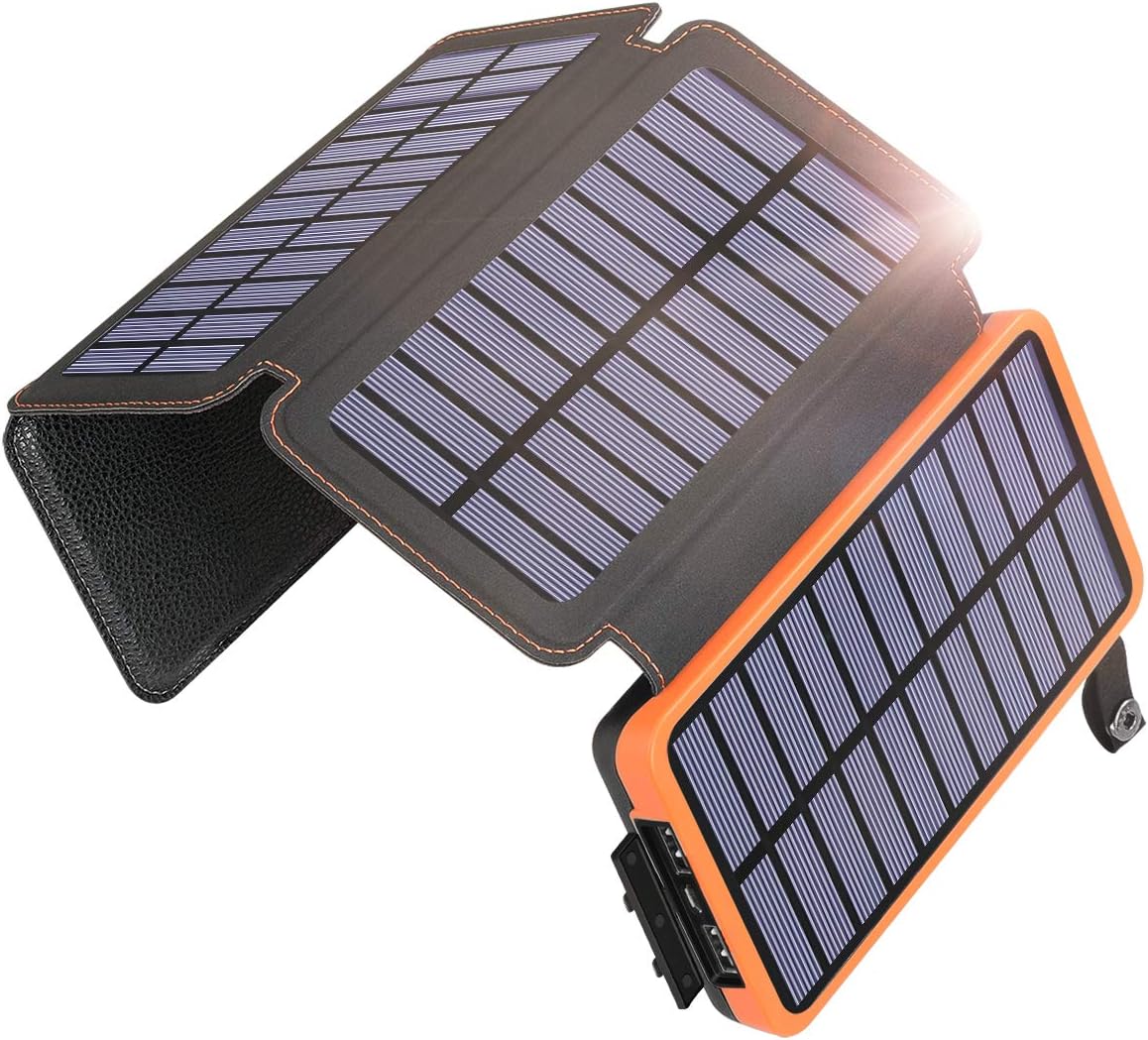 Solar Charger 25000mAh, Hiluckey Power Bank High Capacity with 2.1A Output and 4 Solar Panels Fast Charging Waterproof Camping Battery Pack with LED Flashlight for Smartphones, Tablets and More