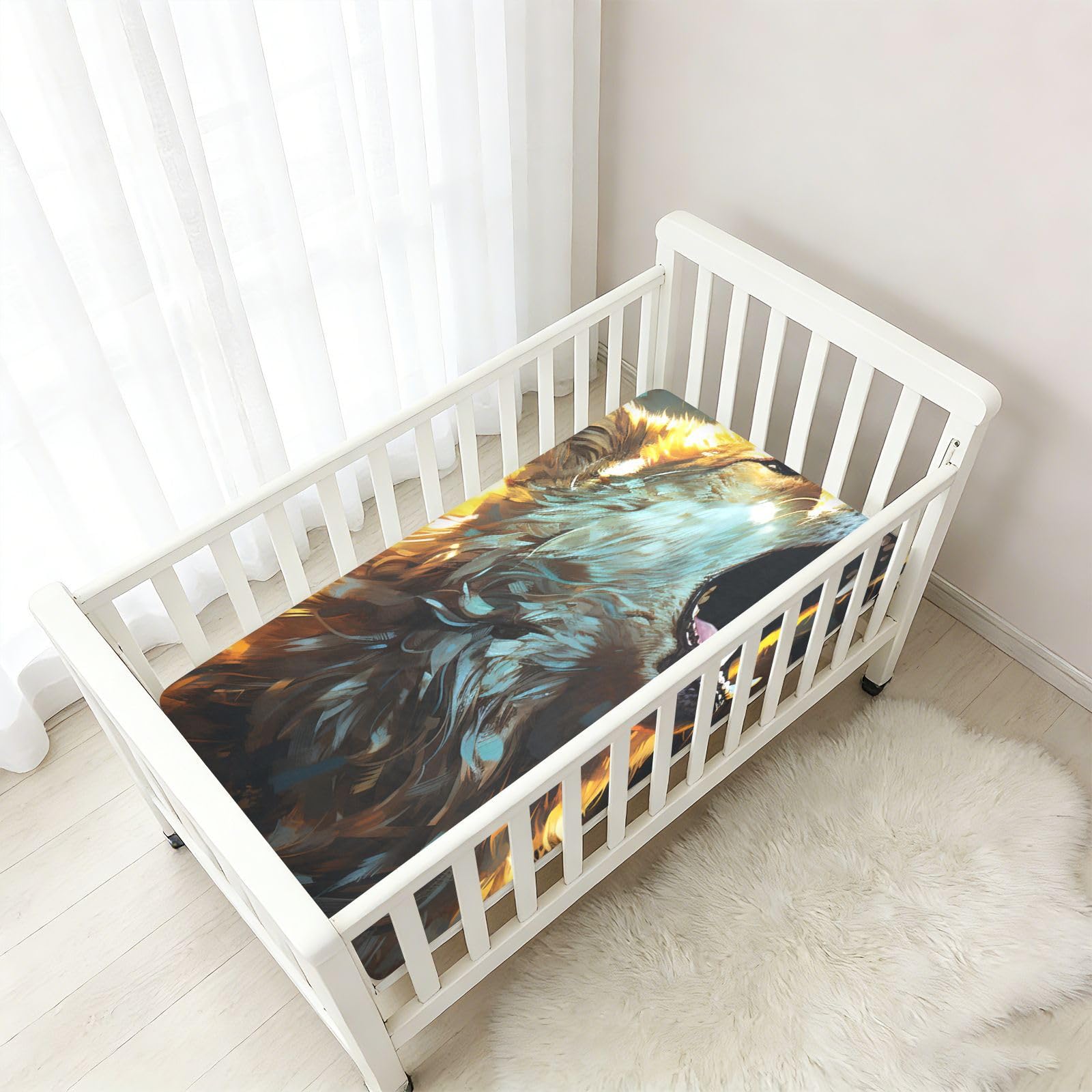 Abstracto Lobo Enojado Amarillo Espacio Sábana de Cuna para Niños Pequeños,Sábanas de Algodón Suave para Bebés Aptas para Colchón Corralito