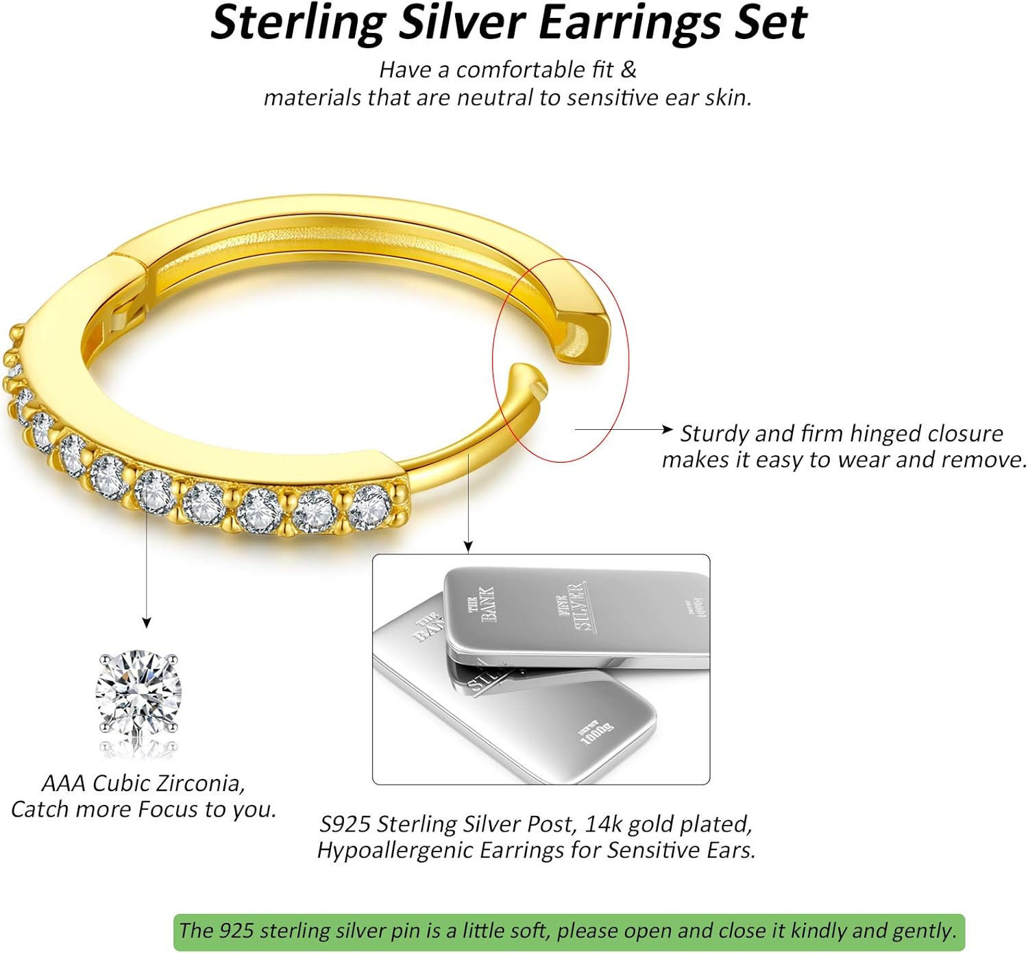 Silver Huggie Hoop Earrings for Women, 3 Pairs Tiny Hypoallergenic Sterling Silver Cartilage Hoops | 14k Gold Small Cubic Zirconia Cuff Earrings Mini Piercing Jewelry (6/8/10/12mm) - Image 2