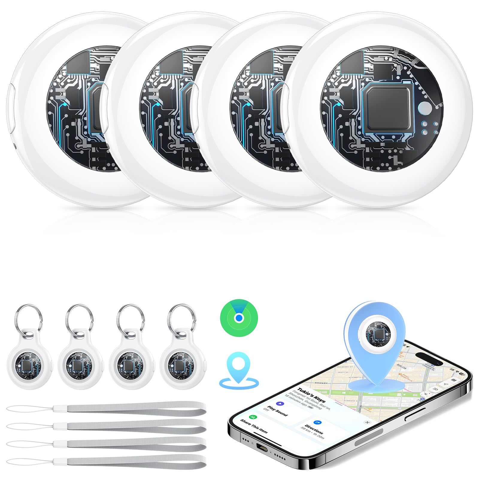 Tukio Air Tags Schlüsselfinder 4er Pack für Apple Wo ist? APP (Nur iOS) | [MFi-Zertifiziert] Smart Tracker Key Finder Austauschbarer Akku, 100 dB Alarm, Koffer Tracker für Gepäck/Taschen/Schlüssel