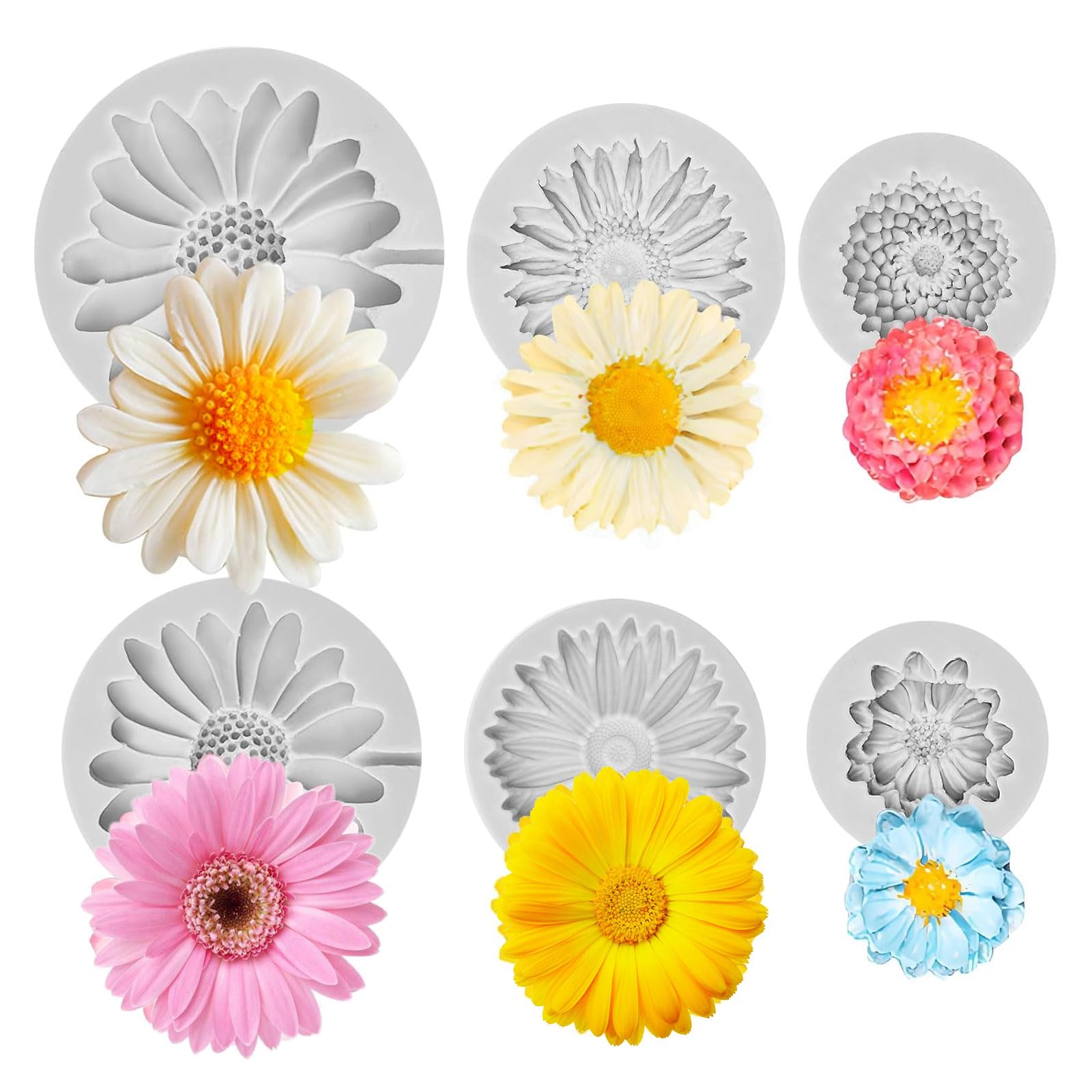 Silicone Flower Moulds for Clay Candle Making 6Pack β 3D Daisy Chocolate Fondant Molds Set β Food Grade Silicone Craft Moulds for Cake Decorating Soap β DIY Baking Crafting Projects Mould Kit