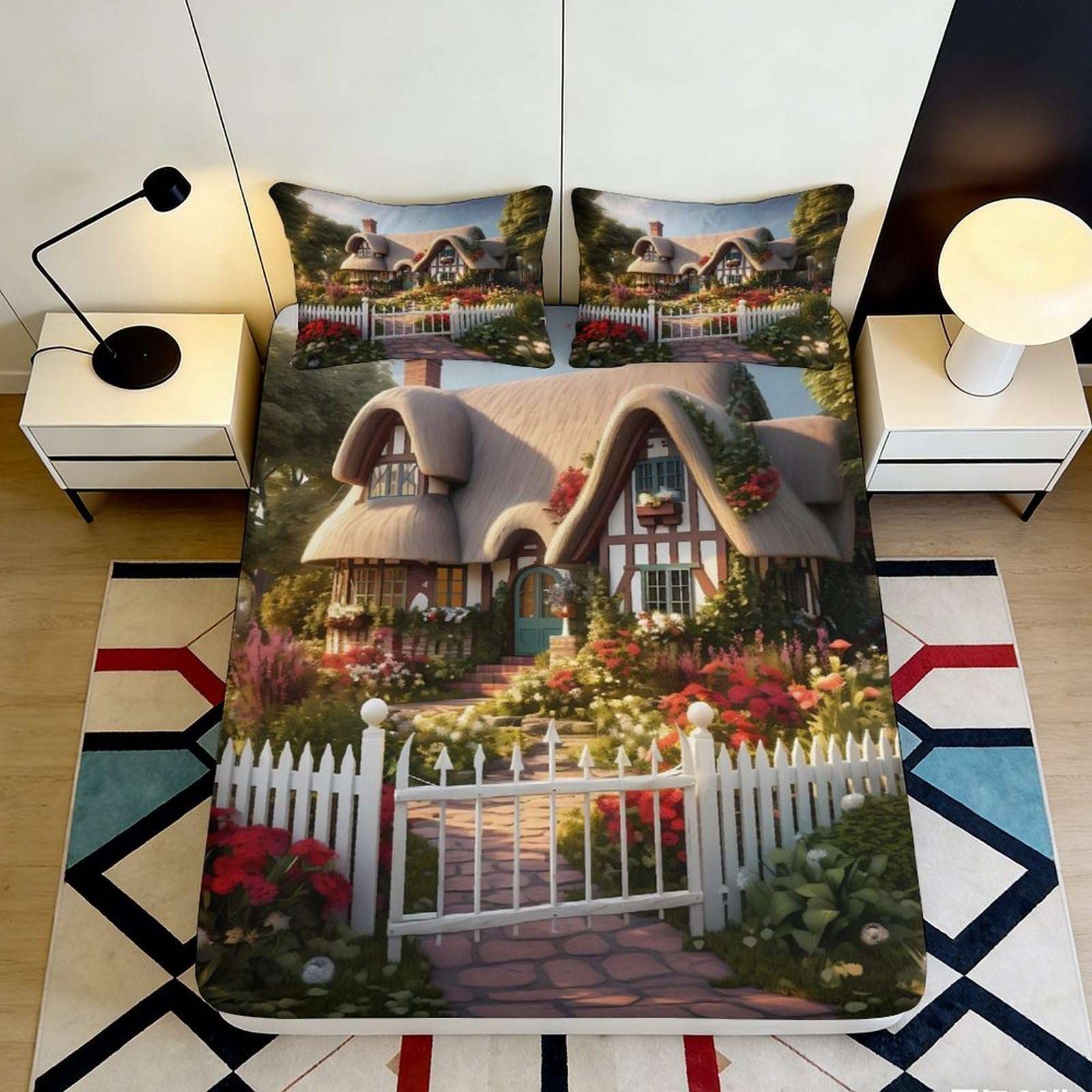 Pnayamiorkfel Style-2 3D Printed Cottage Garden Fitted Sheet Microfiber Artistic Bed Cover For Bedroom Guest Room Decor Protection 90X200x25cm