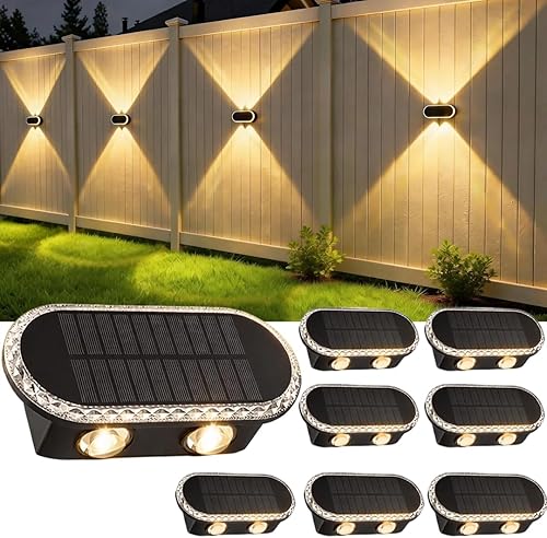 Luces solares para valla al aire libre: paquete de 8 luces solares impermeables IP65 para pared, LED de doble lente arriba abajo 3000 K/4000 K/6000