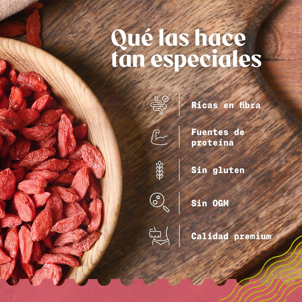NaturaleBio Bayas de Goji 950 g. Fruta Seca Tradicional China. Vegano, Alto en Fibra. Snack ecológico, sin OGM y sin Gluten.