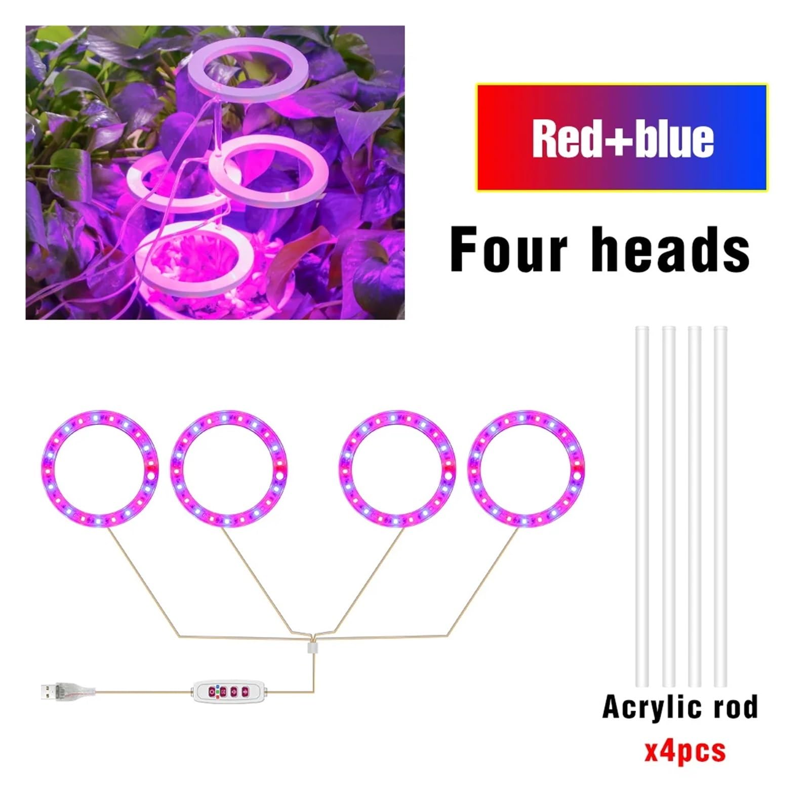 Lampada per Piante, LED Phytolamp Indoor Grow Lights Lampada for Piante a Spettro Completo for la Coltivazione di Semi di Fiori DC5V USB LED Luce di Crescita(Four Heads-RedBlue)
