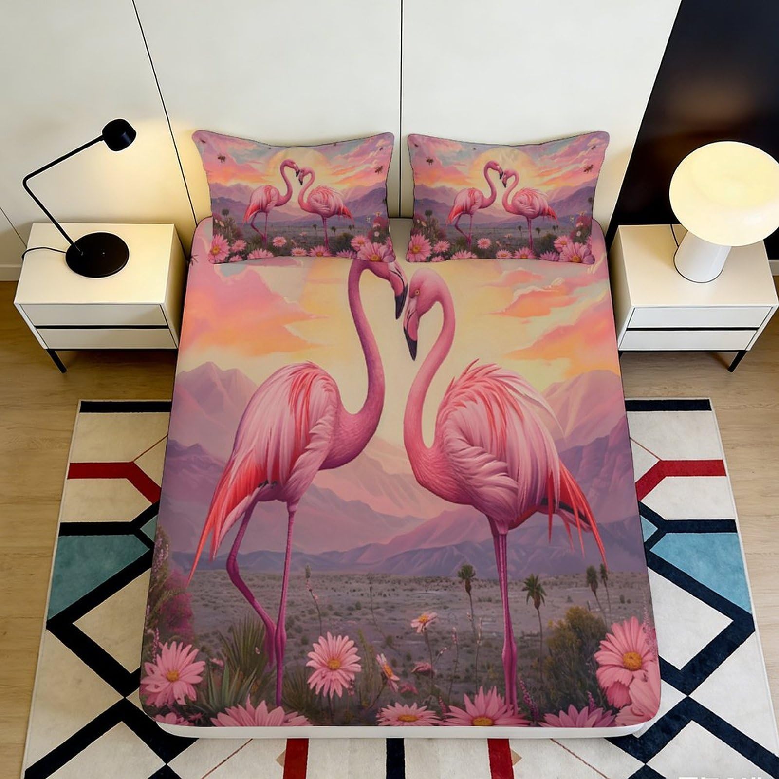 3D Printed Pink Flamingo Fitted Sheet Microfiber Soft Breathable Romantic Sunset Bed Cover for Bedroom Dormitory Guest Room Mattress Protection Decor 120x200x25cm