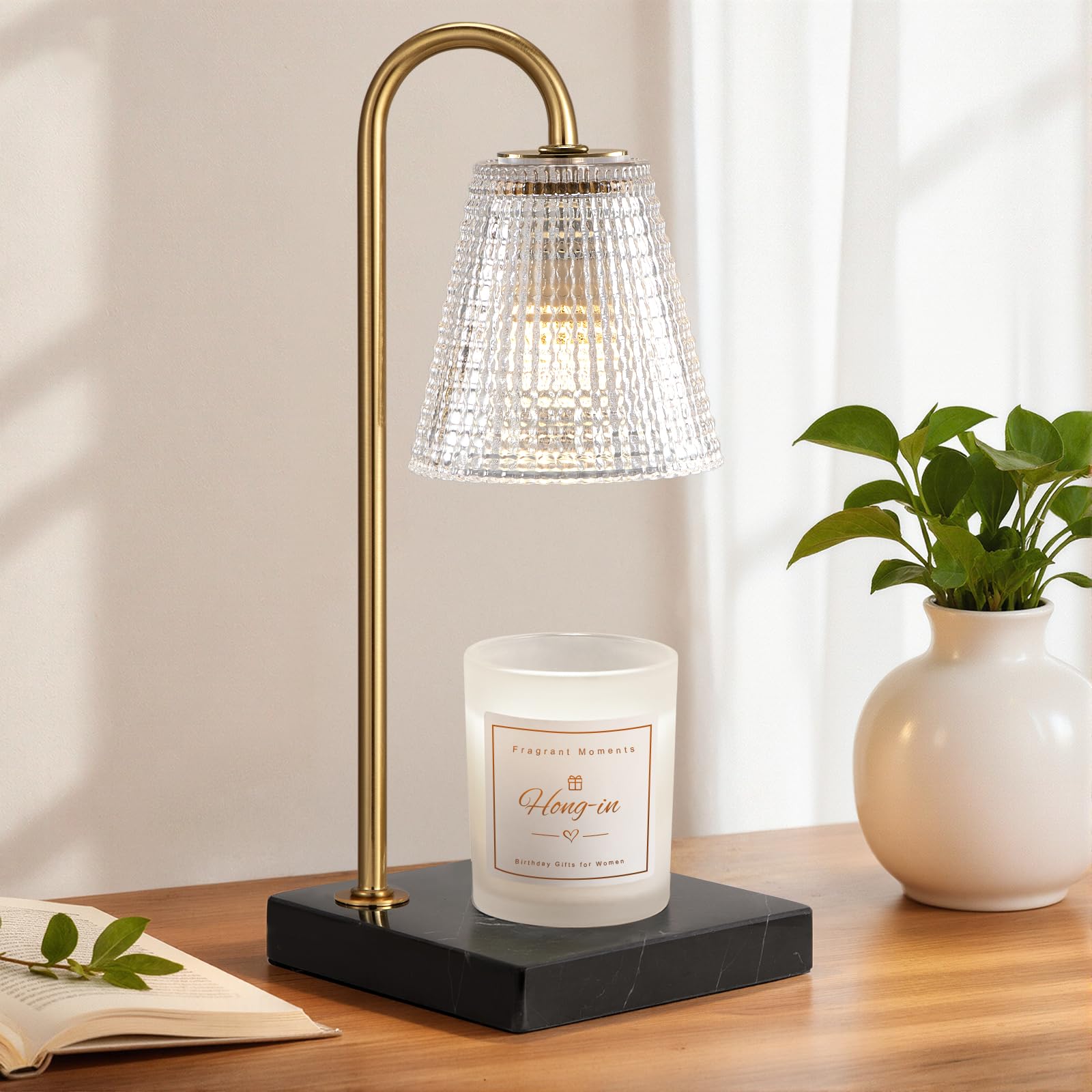 Hong-in Modern Gold Candle Warmer Lamp with Black Marble Base, Glass Shade Electric Candle Melter for Scented Candles, Stylish Home Kitchen Decor &amp; Gift for Women