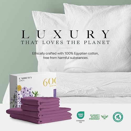 Miniatura 8 de Carressa Linen Juego de sábanas de algodón egipcio suave de 600 hilos de fibra larga, juego de 4 piezas, sábanas tamaño California King, hasta 16