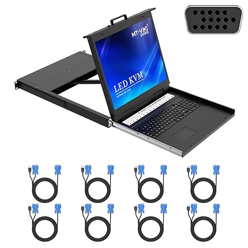 MT-VIKI Consola KVM para rack con monitor LCD de 19 pulgadas, conmutador KVM VGA de 8 puertos con monitor táctil de teclado, apto para rack de 1U de