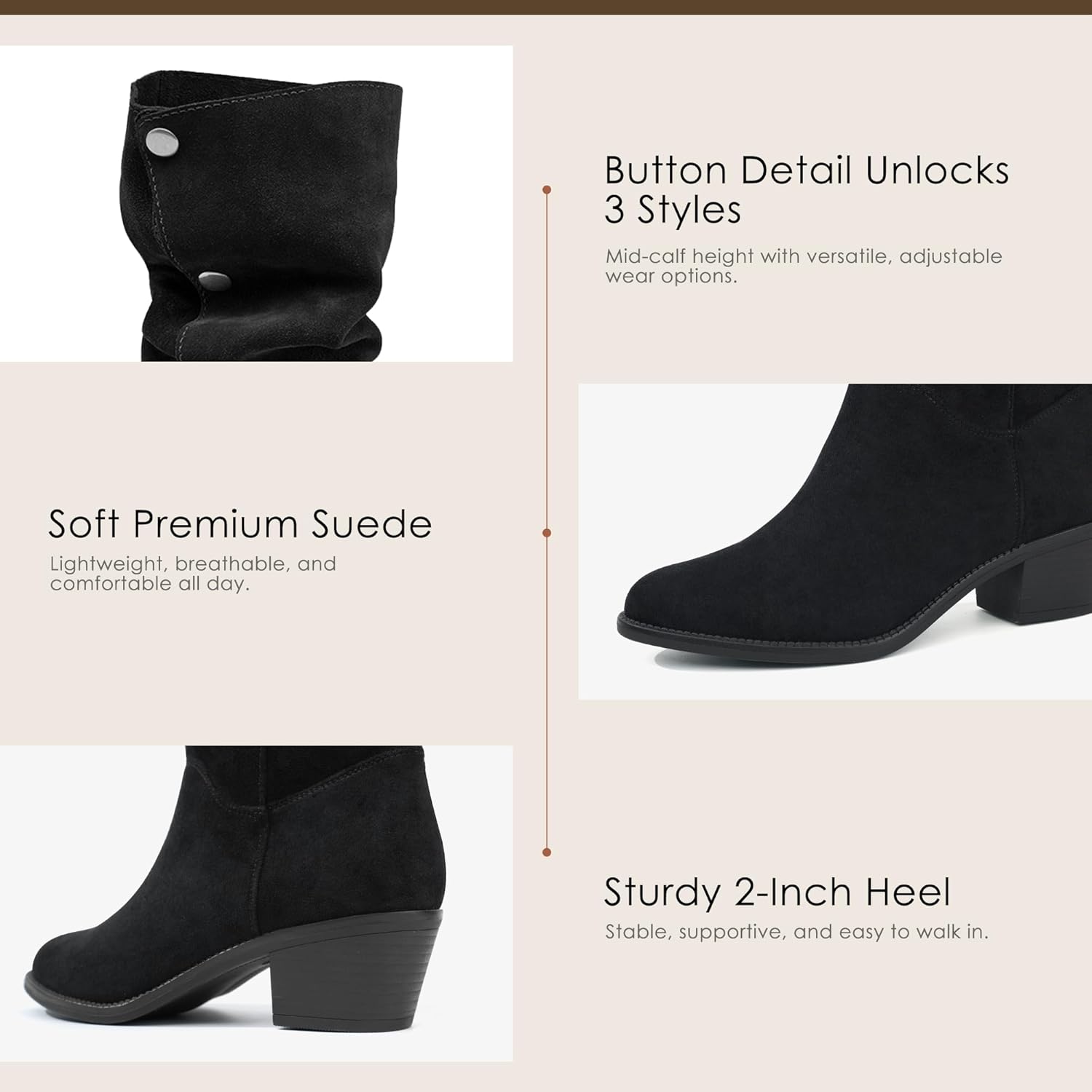 starmerx Womens Suede Mid Calf Boots 3 Way Fold Over Style Chunky Block Heel Booties Fall Winter - Image 5