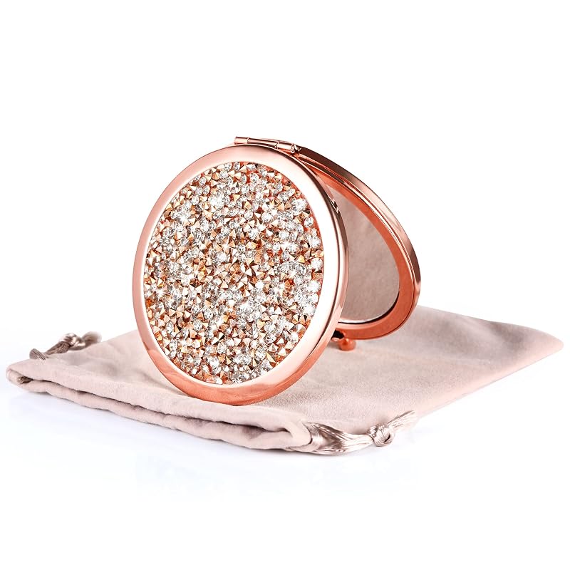 Espelho compacto Dynippy Rose Gold dobrável, dupla face com ampliação 2x e bolsa