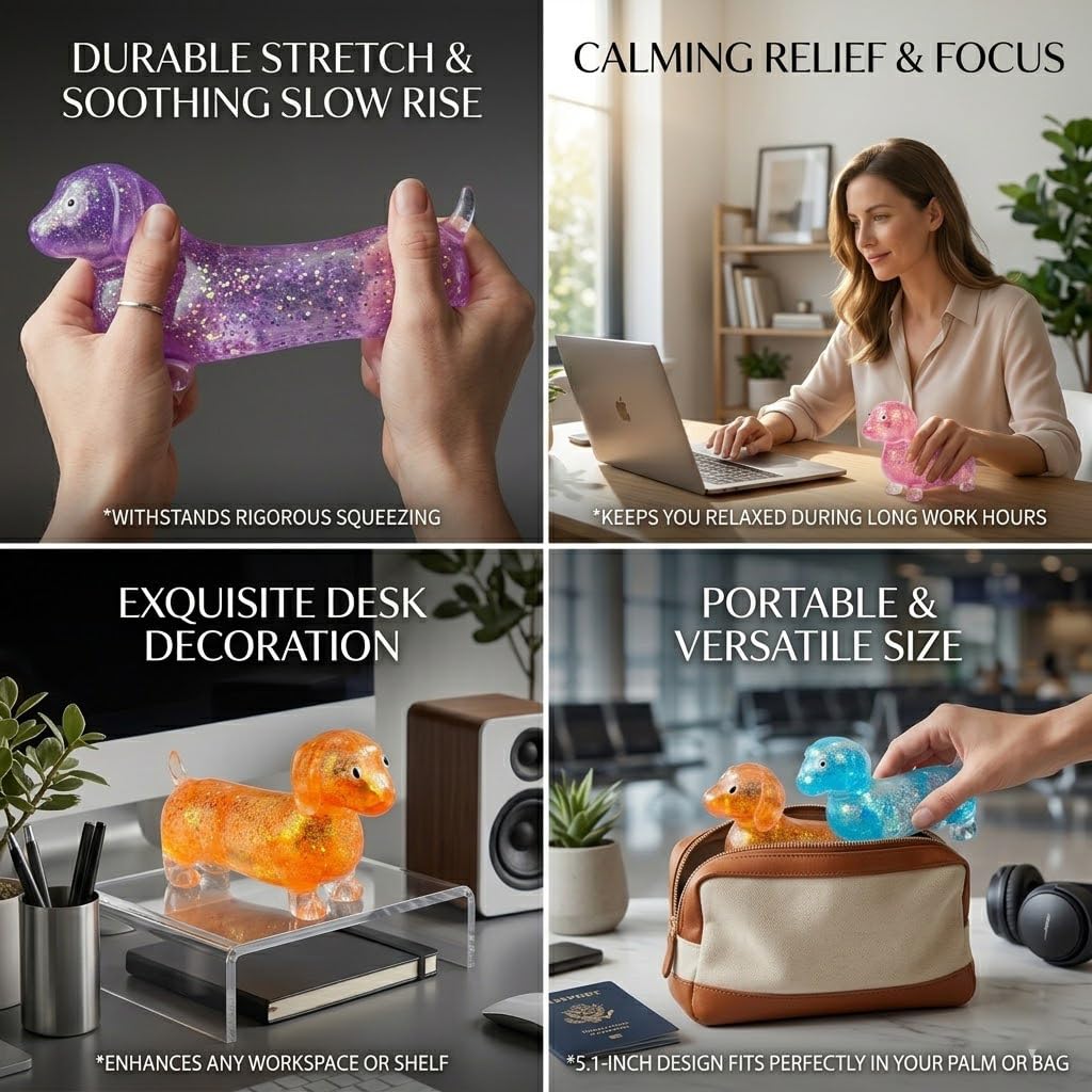 Zabawka antystresowa Jamnik, brokatowy pies Fidget Squeeze Miękkie antystresowe sensoryczne gąbczaste kulki zwierzęce, na upominki przyjęcie urodzinowe Prezent biurowy(4 Colors)