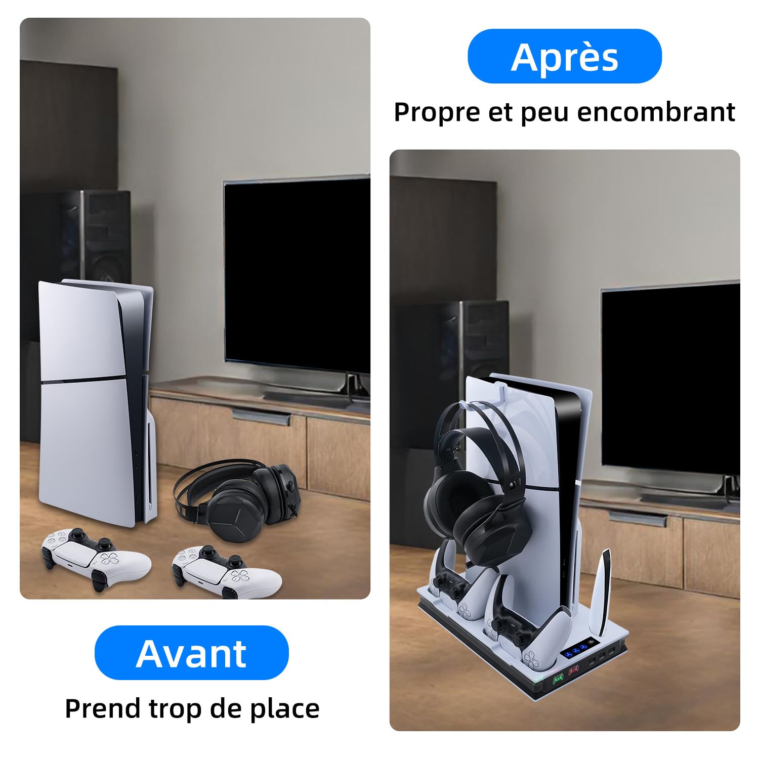 Mcbazel PS5/PS5 Pro/PS5 Slim Support de Refroidissement et de Chargement 3 Vitesses Réglable LED Magnétique Double Chargeur pour Manette ps5 Compatible avec PS5/PS5 Slim UHD/Digital/PS5 Pro