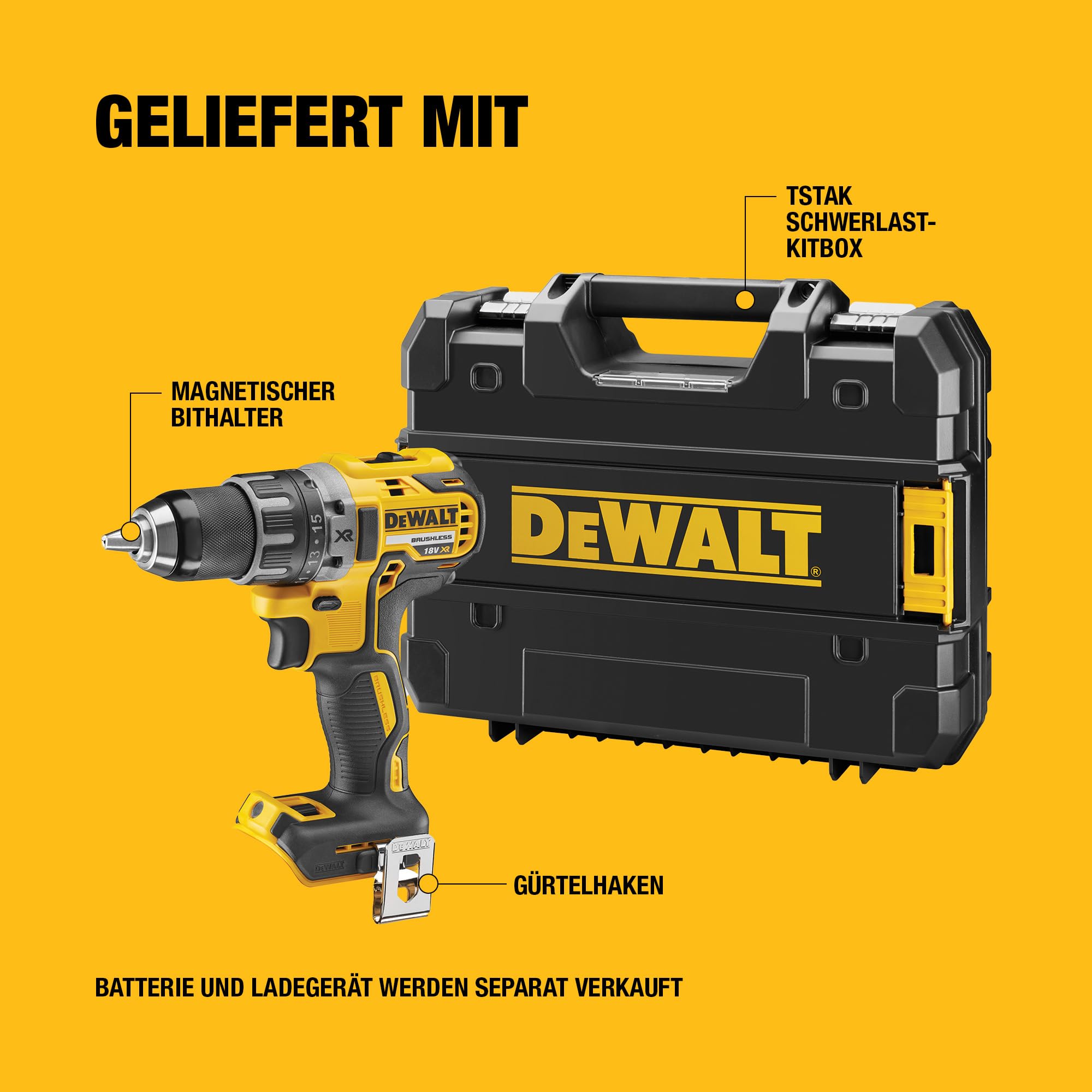DEWALT 18 Volt 2-Gang Bohrschrauber (bürstenloser Motor,15-stufiges Drehmomentmodul,13 mm,LED-Leuchte,Lieferung ohne & Ladegerät),DCD791NT-XJ,Battery Powered,Bare Unit,Yellow/Black, Battery Powered