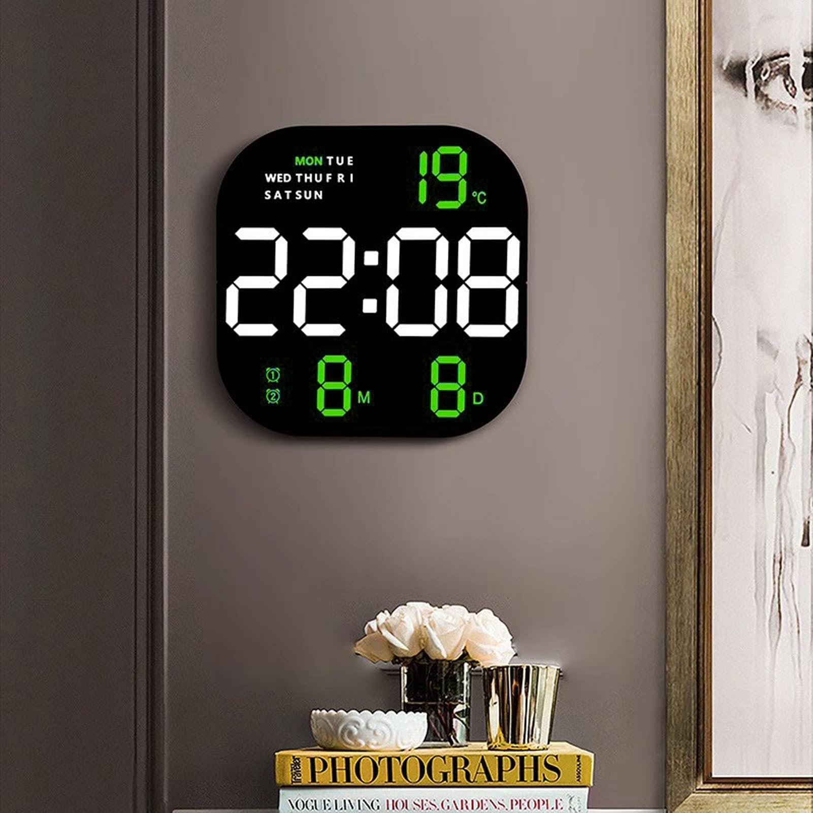 AUNMAS Reloj de Pared Digital LED, Reloj Electrónico de Pantalla Grande de Plástico con Control Remoto, Visualización de Temperatura, Fecha y Hora, Pantalla HD de 22,7 Cm, para Estudio, Sala de (Luz