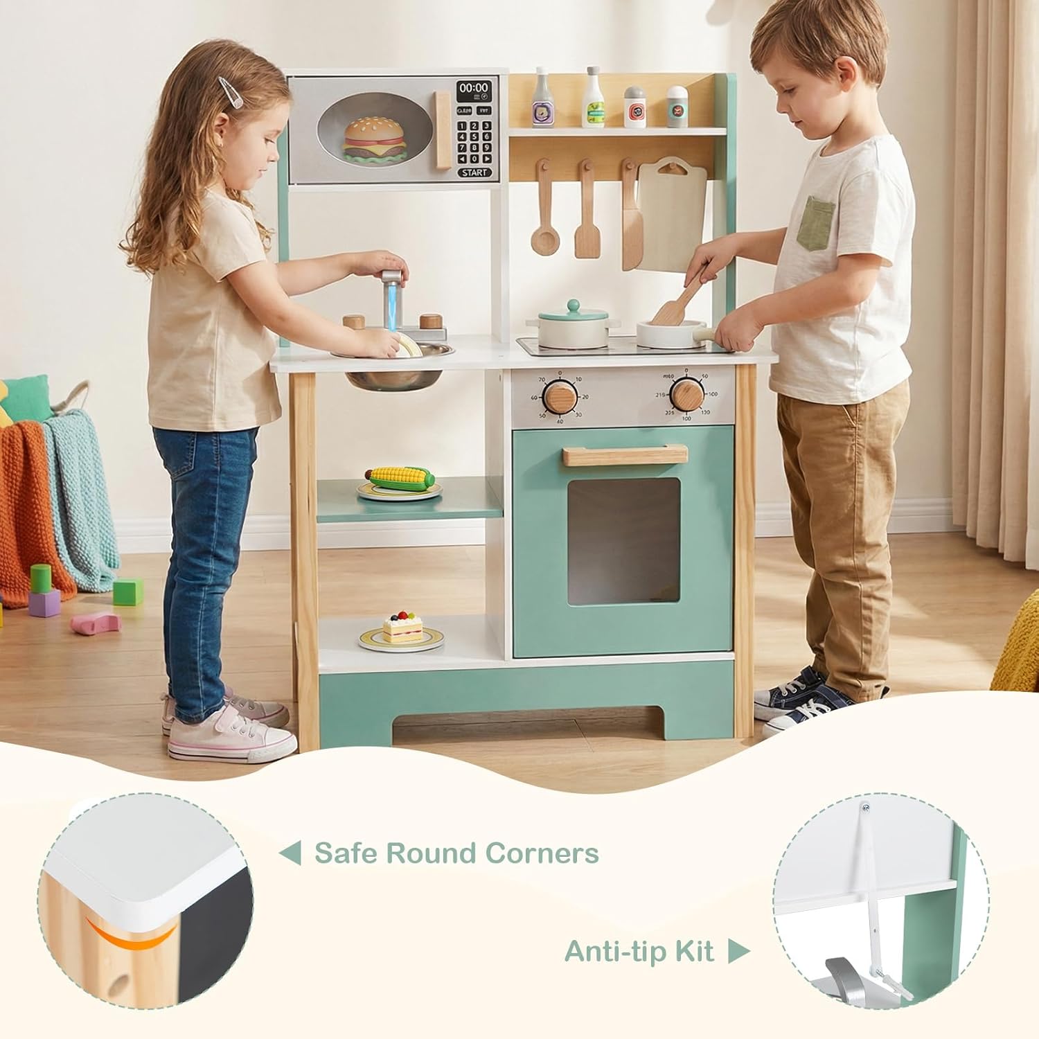 HONEY JOY Play Kitchen with Chalkboard, Wooden Kids Kitchen Playset, Stove, Microwave, Faucet & Sink, 13 Cook Accessories, Storage Cabinet, Toy Kitchen Set, Gift for Toddlers Boys Girls, Green