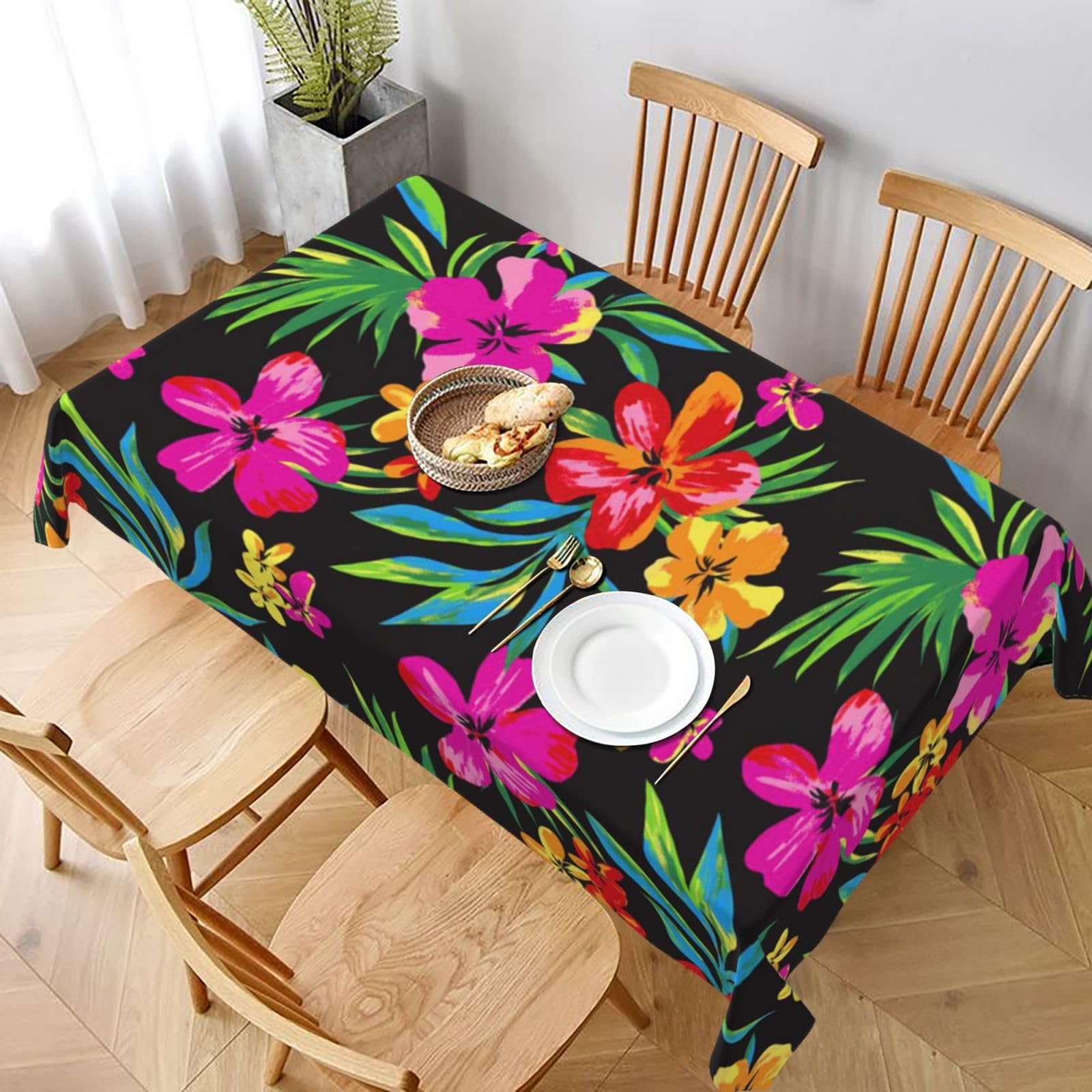 BNVSADC Hawaiian Colorful Flower Printed Rectangle Tablecloth 228x152 CM, Water Resistant Polyester Table Cloth Decorative Fabric Table Covers for Kitchen Dining Table Parties Camping