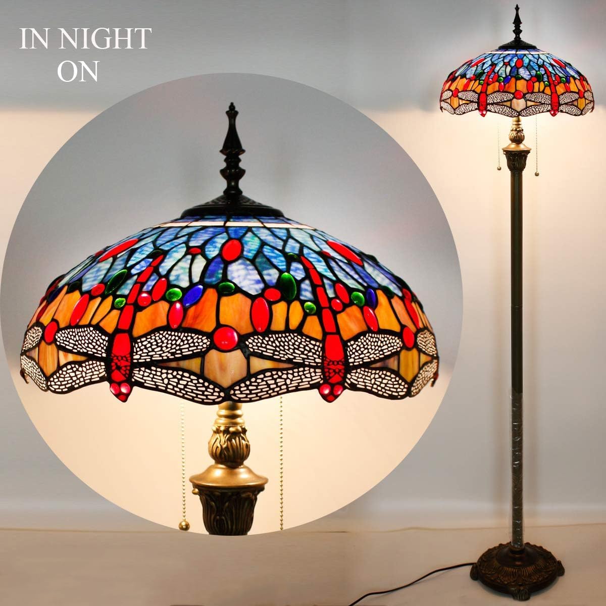 WERFACTORY Tiffany Floor Lamp Dragonfly Blue Brown Stained Glass Standing Reading Light 16X16X64 Inches Antique Pole Corner Lamp — view 2