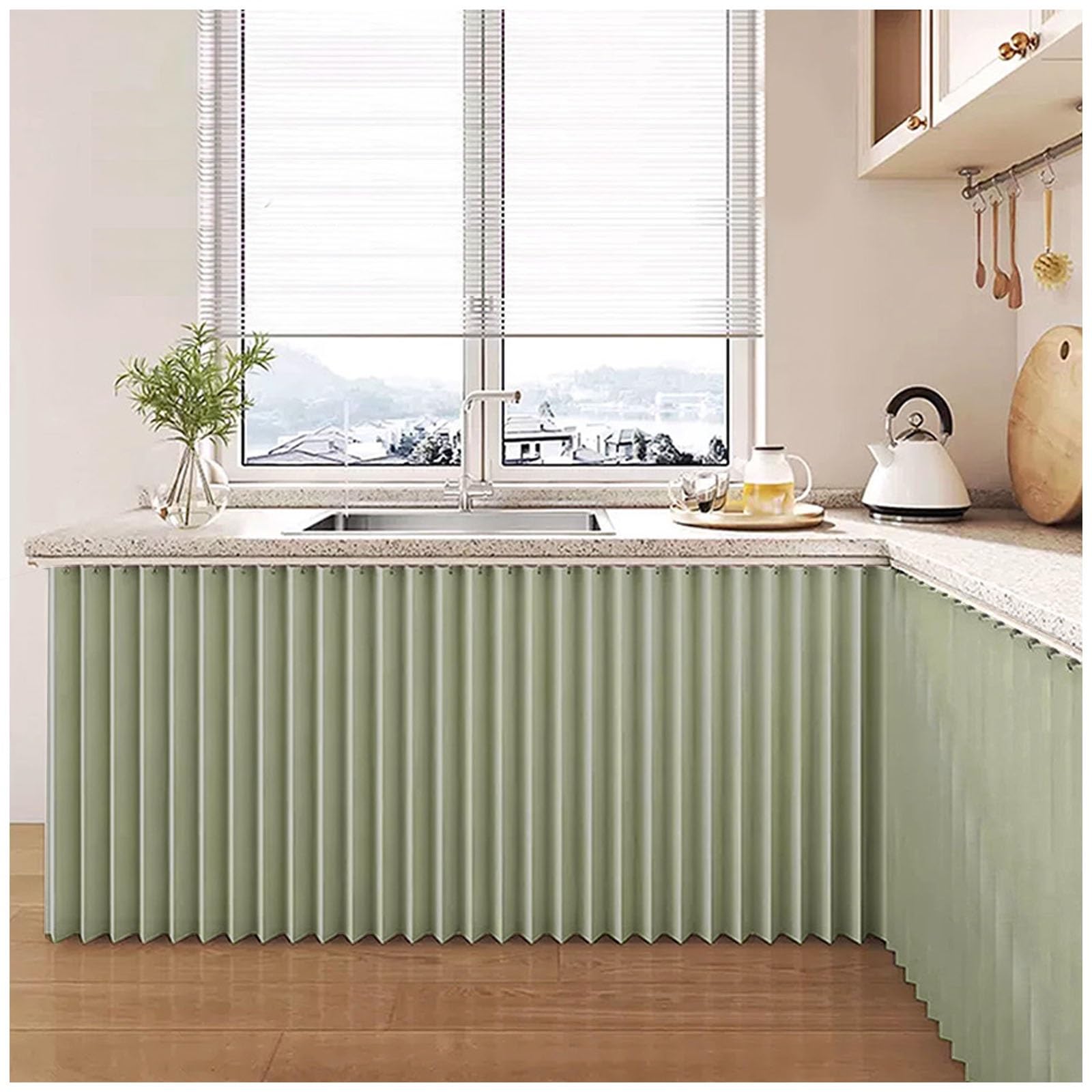 Cupboard Curtain Kitchen - Dustproof Blackout Waterproof Cafe Short Curtains with Self Adhesive Track, Under Sink/Counter Curtain, Kitchen Cabinet/Wardrobe/Washing Machine Curtains(Green,70x40cm)