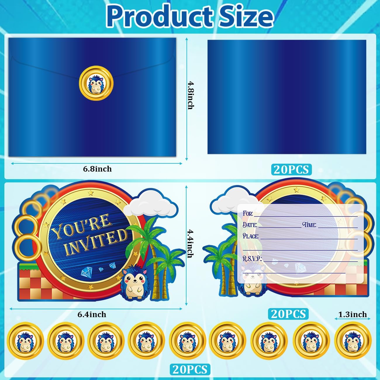 GZDUCK 20Pcs Hedgehog Birthday Invitations for Boys- Blue Hedgehog Theme Birthday Party Invitations, Action Cartoon Game Design Greeting Cards with Sticker Label & Envelope for Boys Girls