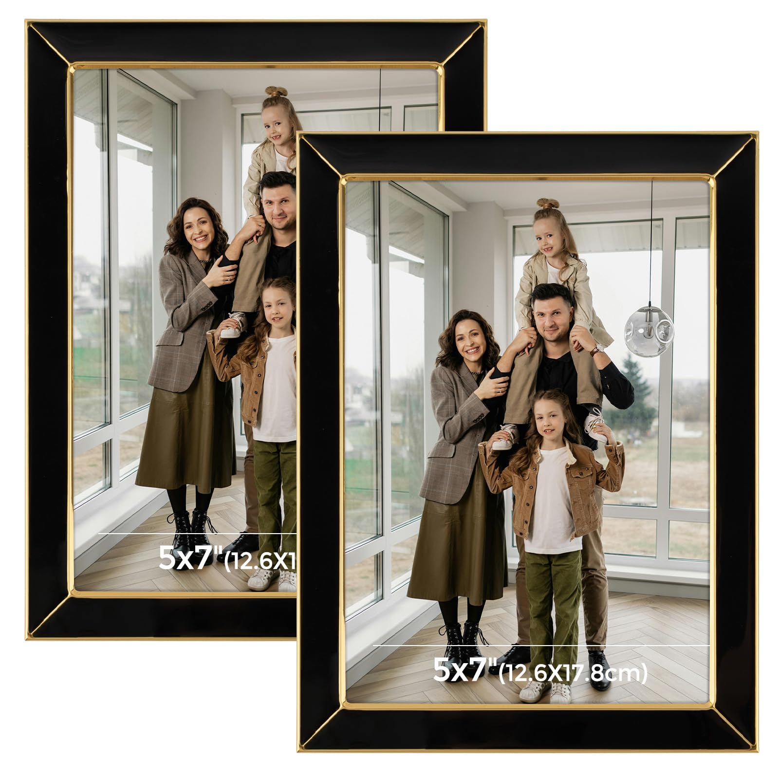 Frametory Enamel Picture Frame - 5x7 Gold Metal Edge Black Enamel Picture Frame With Easel and Velvet Back for Tabletop Display, Bookshelf, 5x7 Wall