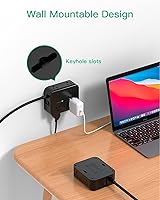 Vista 5 de Regleta protectora contra sobretensiones, enchufe plano, montaje en pared, 8 tomas anchas con 4 puertos USB (2 USB C), cable de extensión resistente