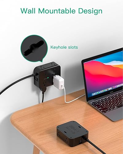 Miniatura 5 de Cable de extensión de 15 pies  8 salidas con protector de sobretensiones con puertos USB, cable de extensión trenzado resistente, enchufe plano,