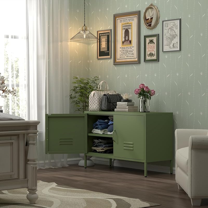 IRONFFICE Metal Storage Cabinet,Metal Cabinet with Doors and Adjustable Shelf,TV Stand with Storage,Morden TV Cabinet for Bedroom,Living Room,Avocado Green image 2