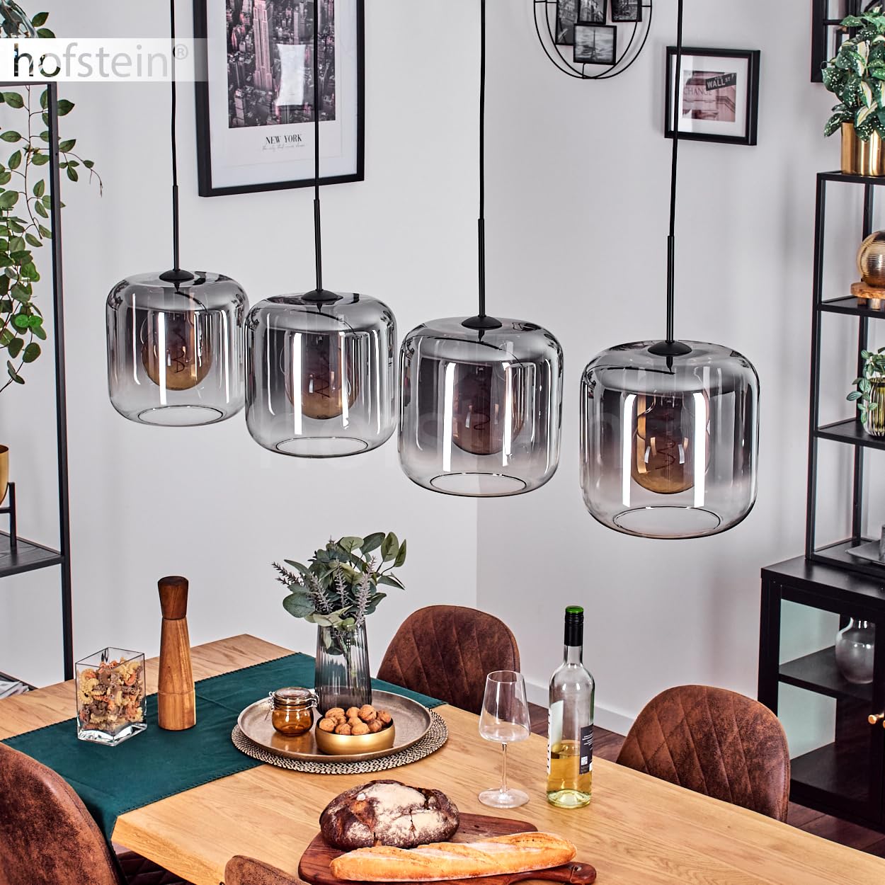 HOFSTEIN Hängeleuchte Lauden, 4-flammige Hängelampe aus Metall/Glas in Schwarz/Rauchfarben/Klar, moderne Pendelleuchte im Retro/Vintage-Design, Ø Schirme 25 cm, E27, Esszimmer, Küche, Wohnzimmer