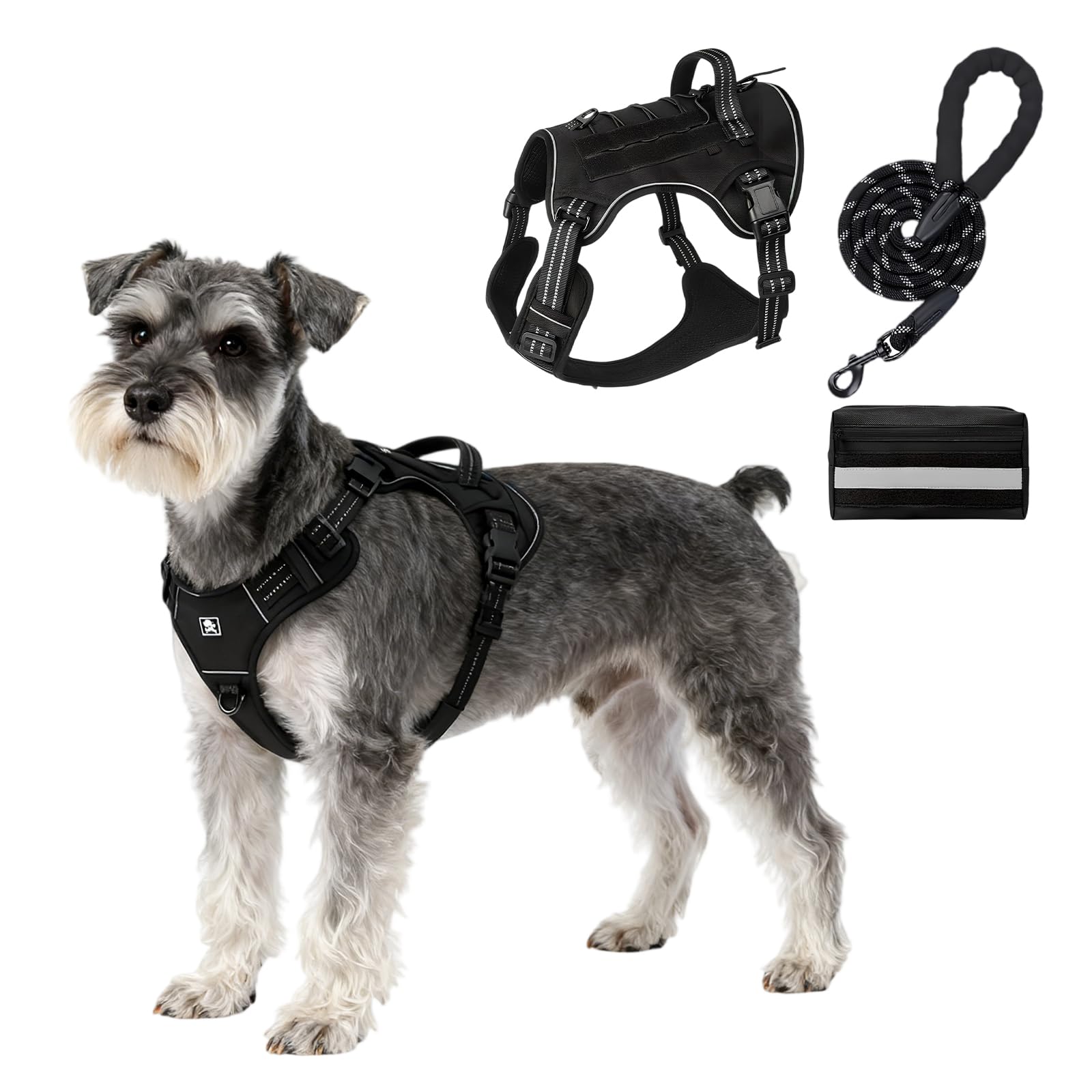 Arnés para Perros con Correa y Paquete Táctico para Perros Grandes, Medianos y Pequeños, Arnés de Pecho Acolchado Suave con Asa, Arnés Antitirones para Paseos y Entrenamiento (Negro, M)