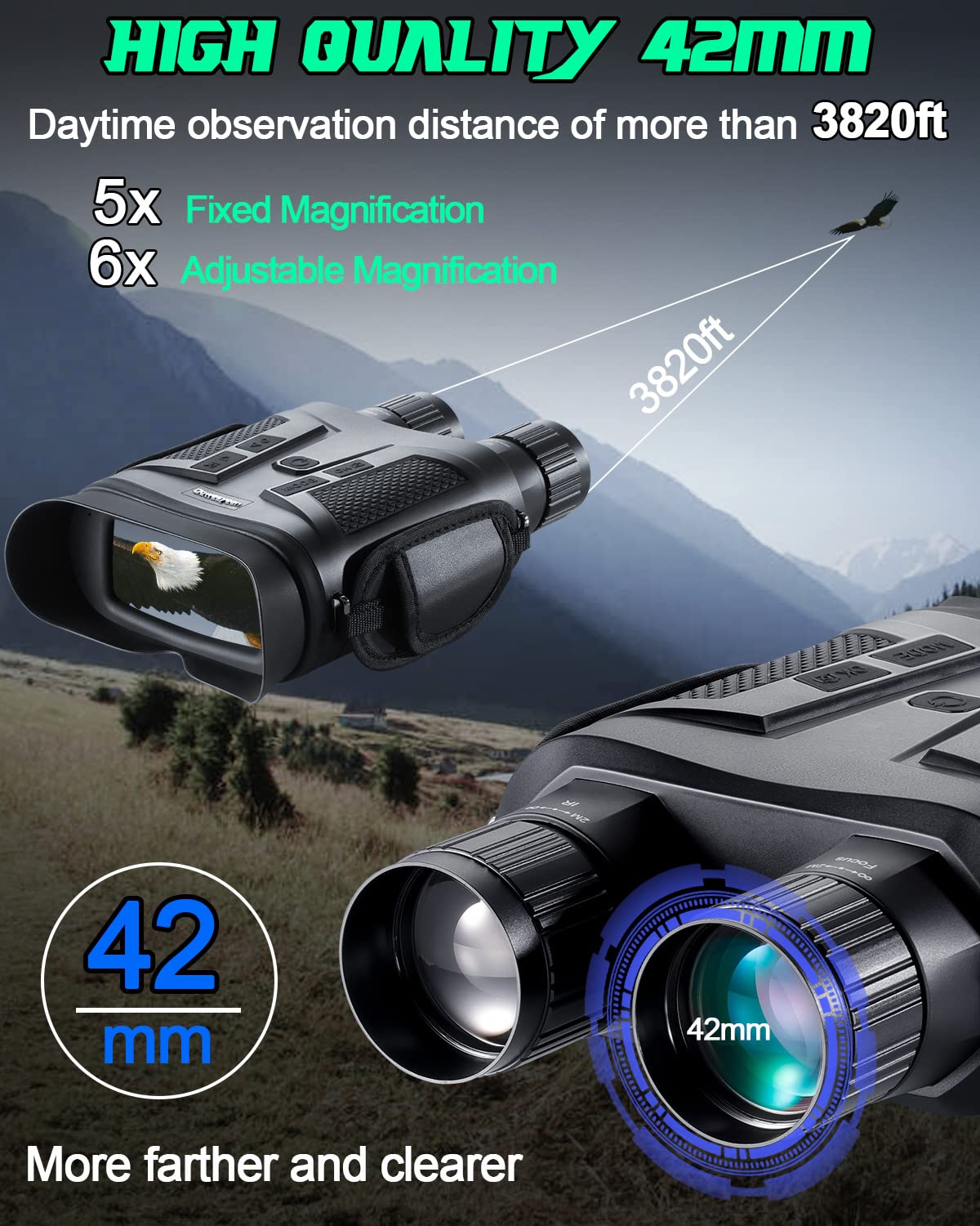 Jumelles De Vision Nocturne Avec Écran LCD 3" - Zoom 5x Fixe + 6x Numérique - Prise De Photos 9MP & Vidéo 1080P - Objectif 42mm - Pour Observation Nocturne, Chasse