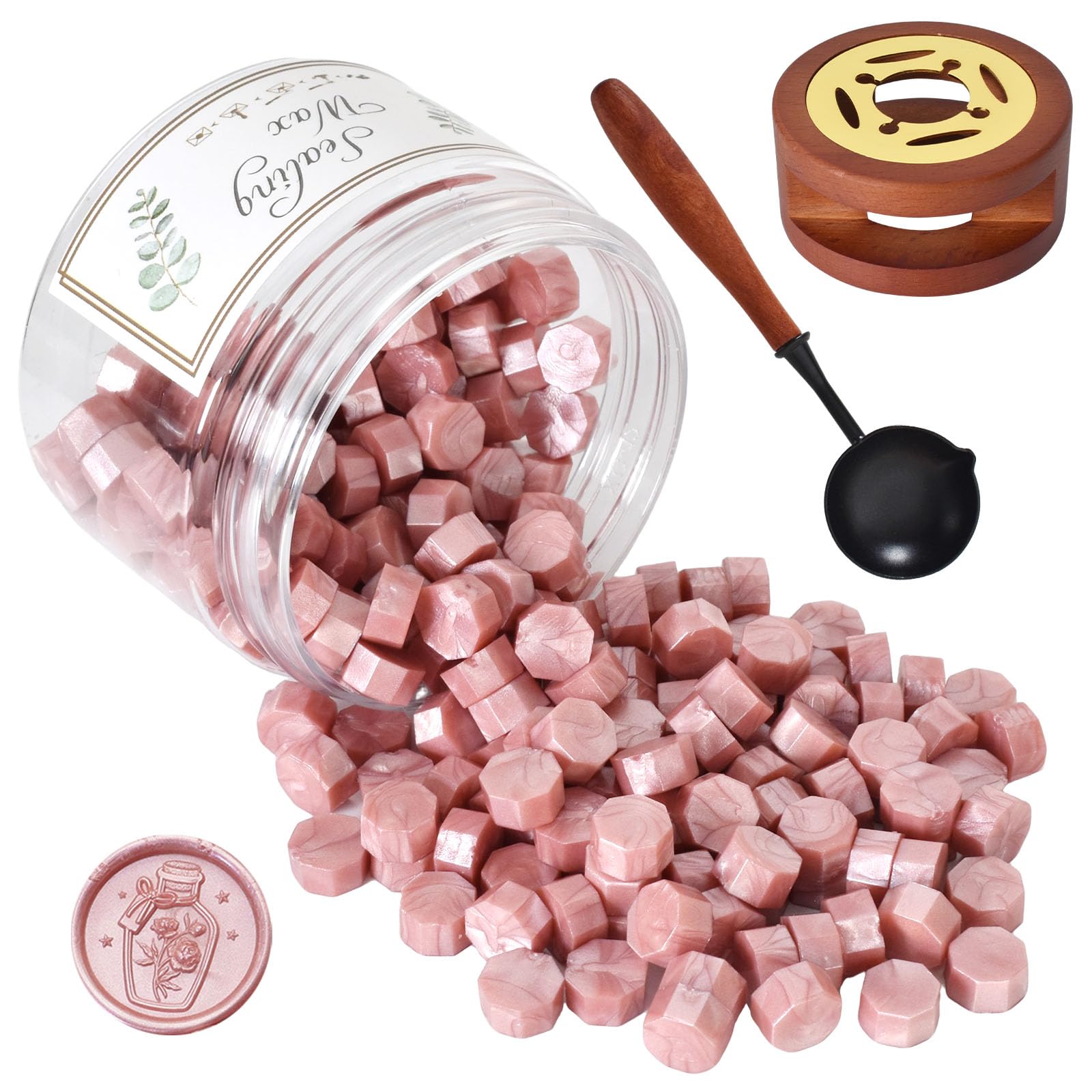 Sealing Wax Beads Set, Metallic Wax Seal Beads, 200 PCS Octagon Sealing Wax with Warmer and Spoon, DIY for Sealing Stamps, Letters, Envelopes (Rose Gold)