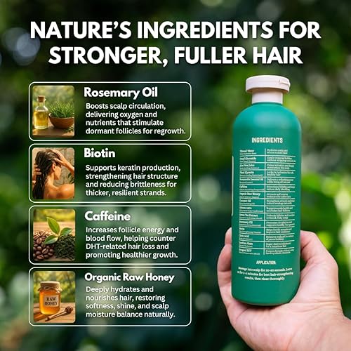Miniatura 5 de PRIMALS Champú fortalecedor del cabello, cafeína, biotina, miel cruda, aceite de romero, antiadelgazamiento del cabello, ingredientes naturales,