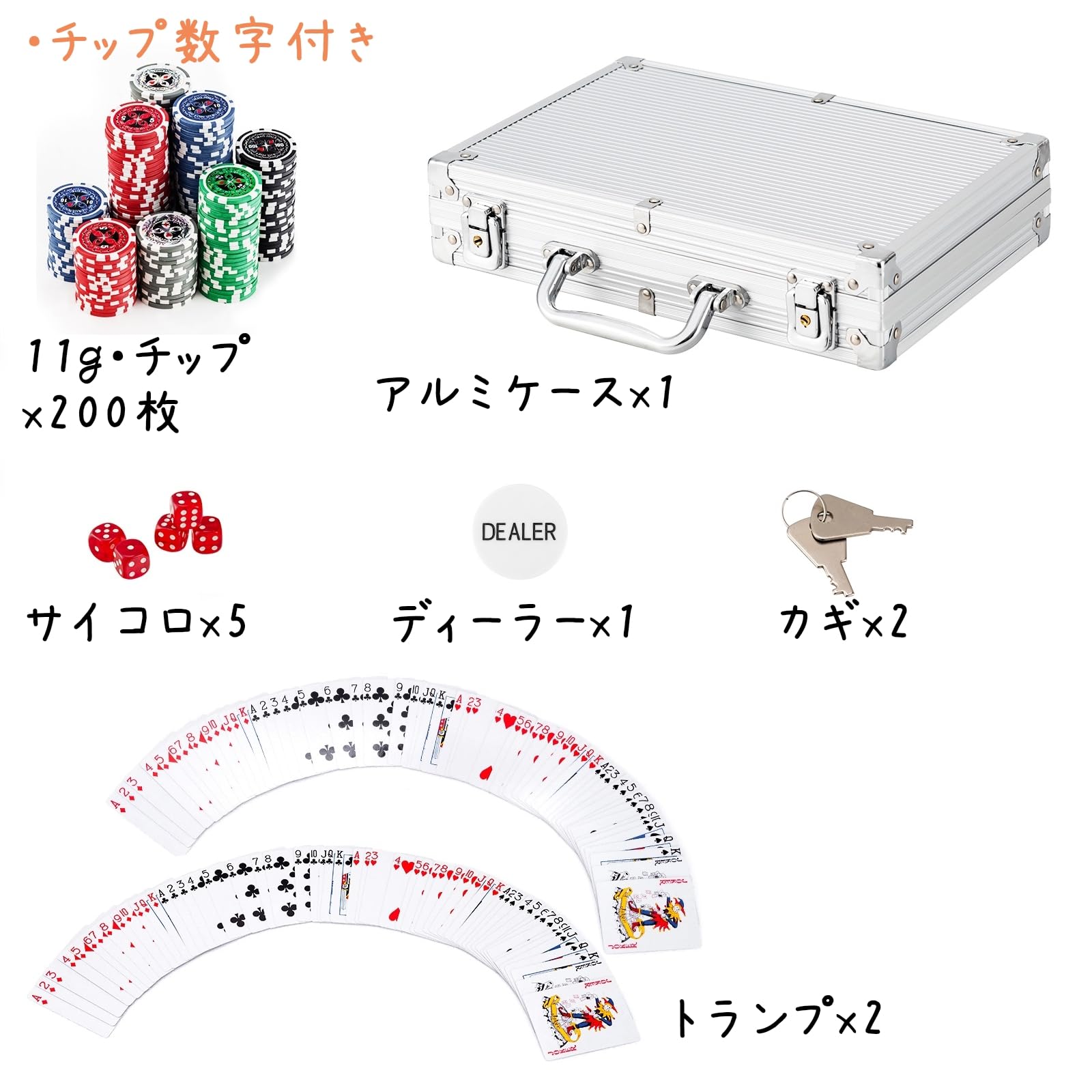 Amazon | ポーカーセット 11gチップ200枚+数字貼紙付き+シルバーケース