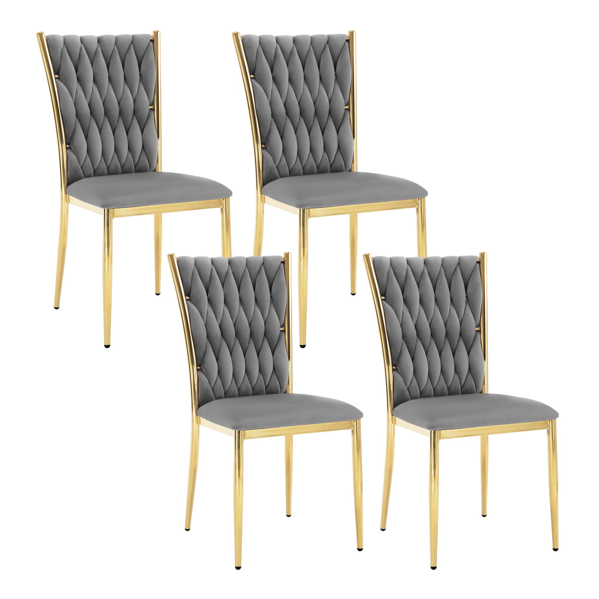 Four WOLTU dining chairs with dark grey velvet upholstery and golden metal legs arranged around a modern dining table in a well-lit room.