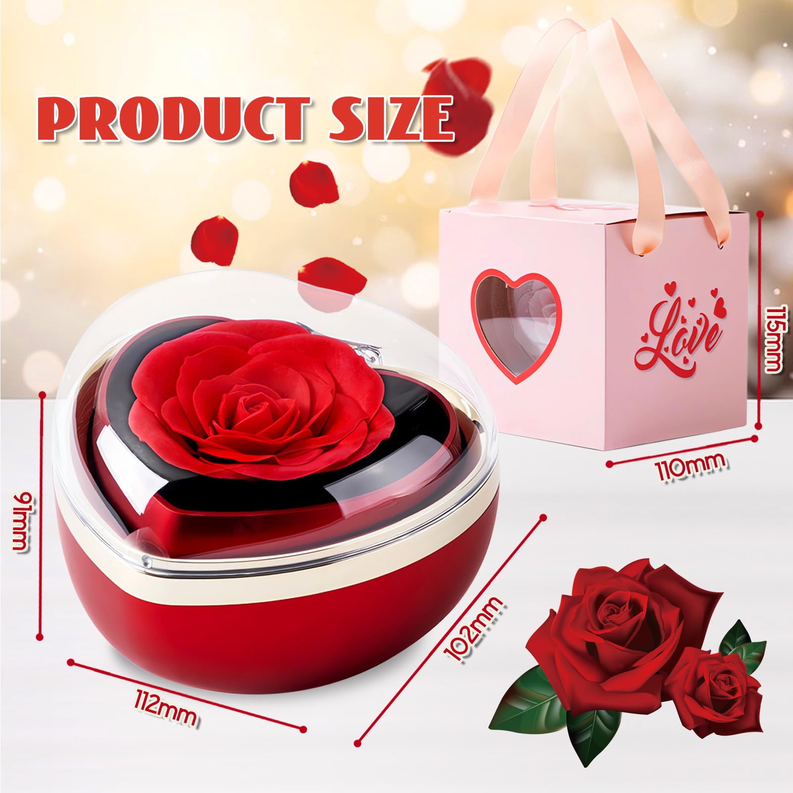 Rosa Eterna con Collana, Rosa Stabilizzata Rossa Cofanetto,Fiori Eterni con Collana Cuori Regalo, per Idea Regalo Donne la Moglie a Natale,San Valentino,Festa della Mamma