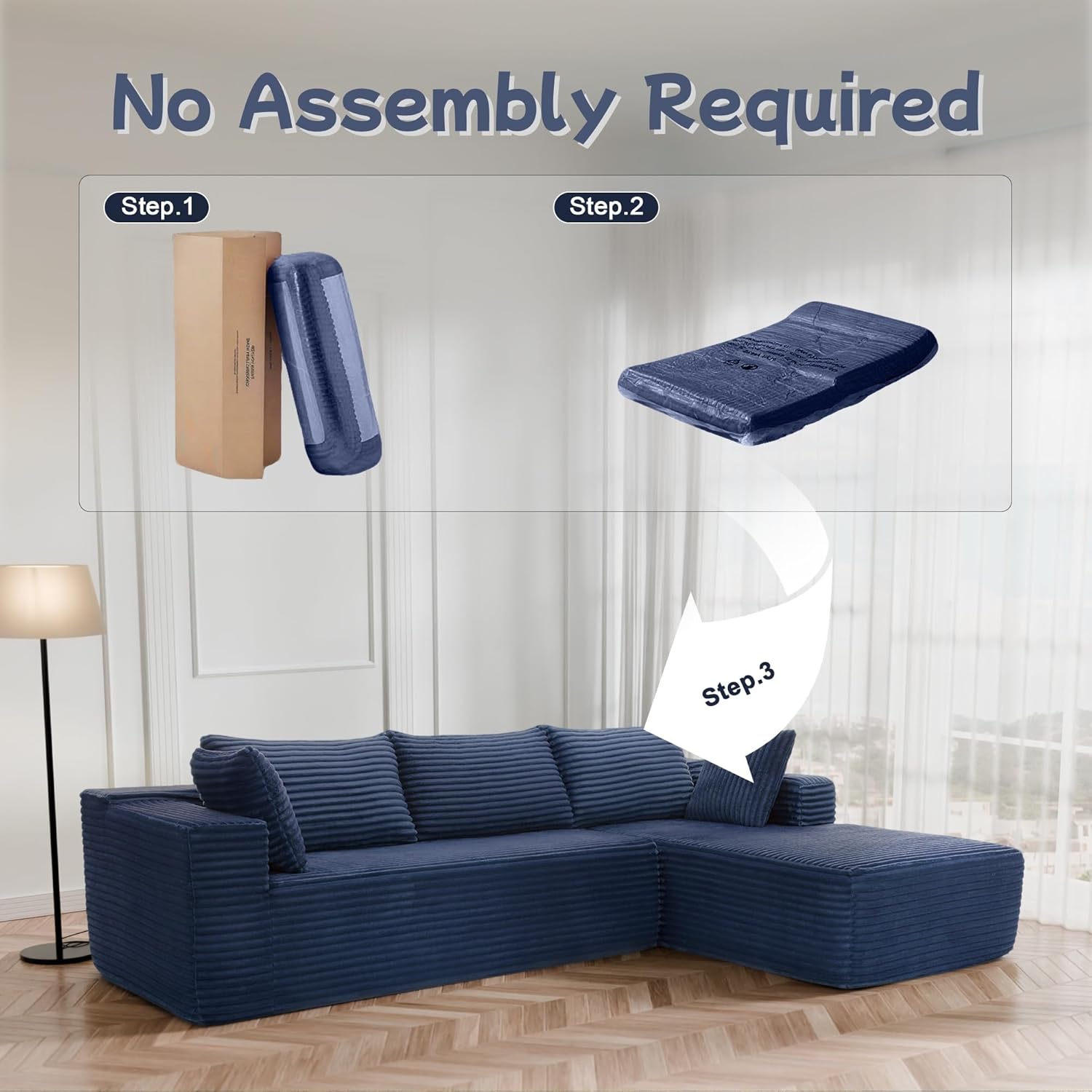 Cloud Sectional Couch, 105” Fluffy Modular L-Shape Sofa with Left Chaise Lounge, Modular Sectional Sofa in a Box, Boneless Couch for Living Room, No Assembly Required, Flannel Blue