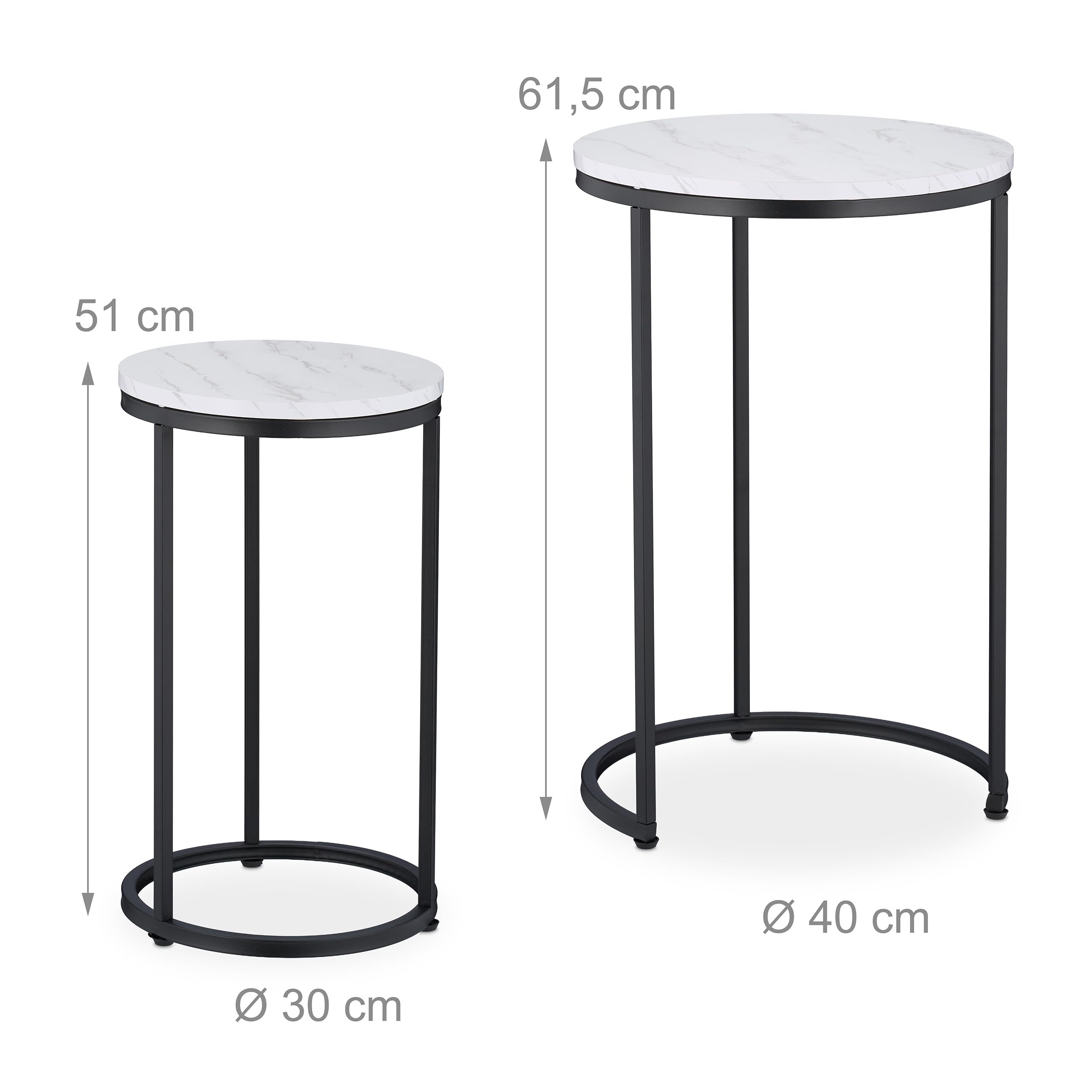 Relaxdays Tavolini da Salotto, Set da 2 Tavoli Bassi da caffè da Divano, Comodini Rotondi Effetto Marmo, Nero Bianco