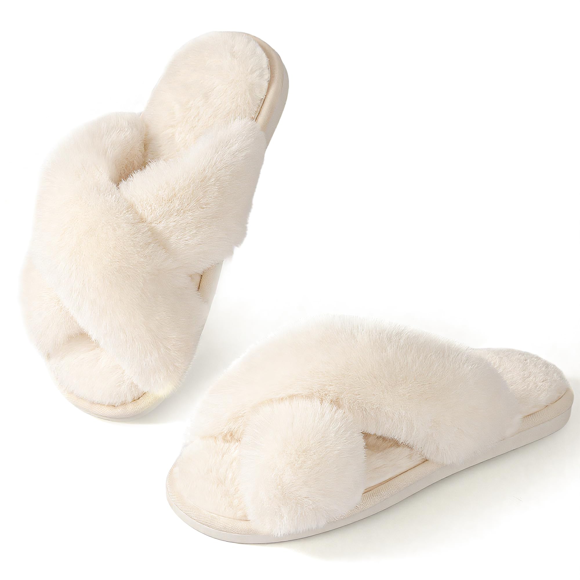 Women Slippers Fluffy Slippers Memory Foam, Cross Band Furry Open Toe Slippers Cozy Plush Home Shoes Indoor Outdoor Anti-Slide Slipper
