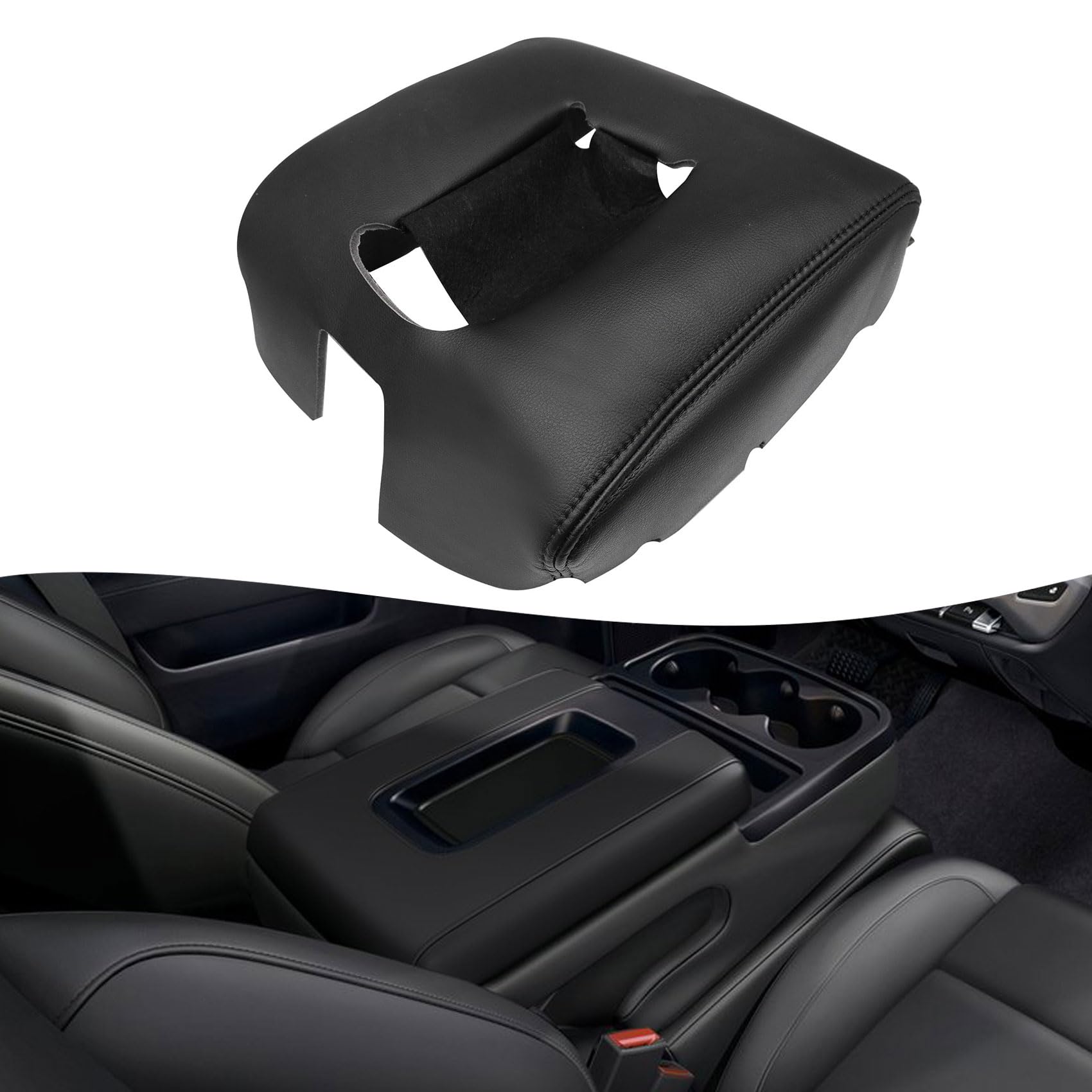 Priprilod Black Leather with Black Stitch Center Console Leather Lid Armrest Cover Replacement Compatible with Chevy Silverado GMC Sierra 2014 2015
