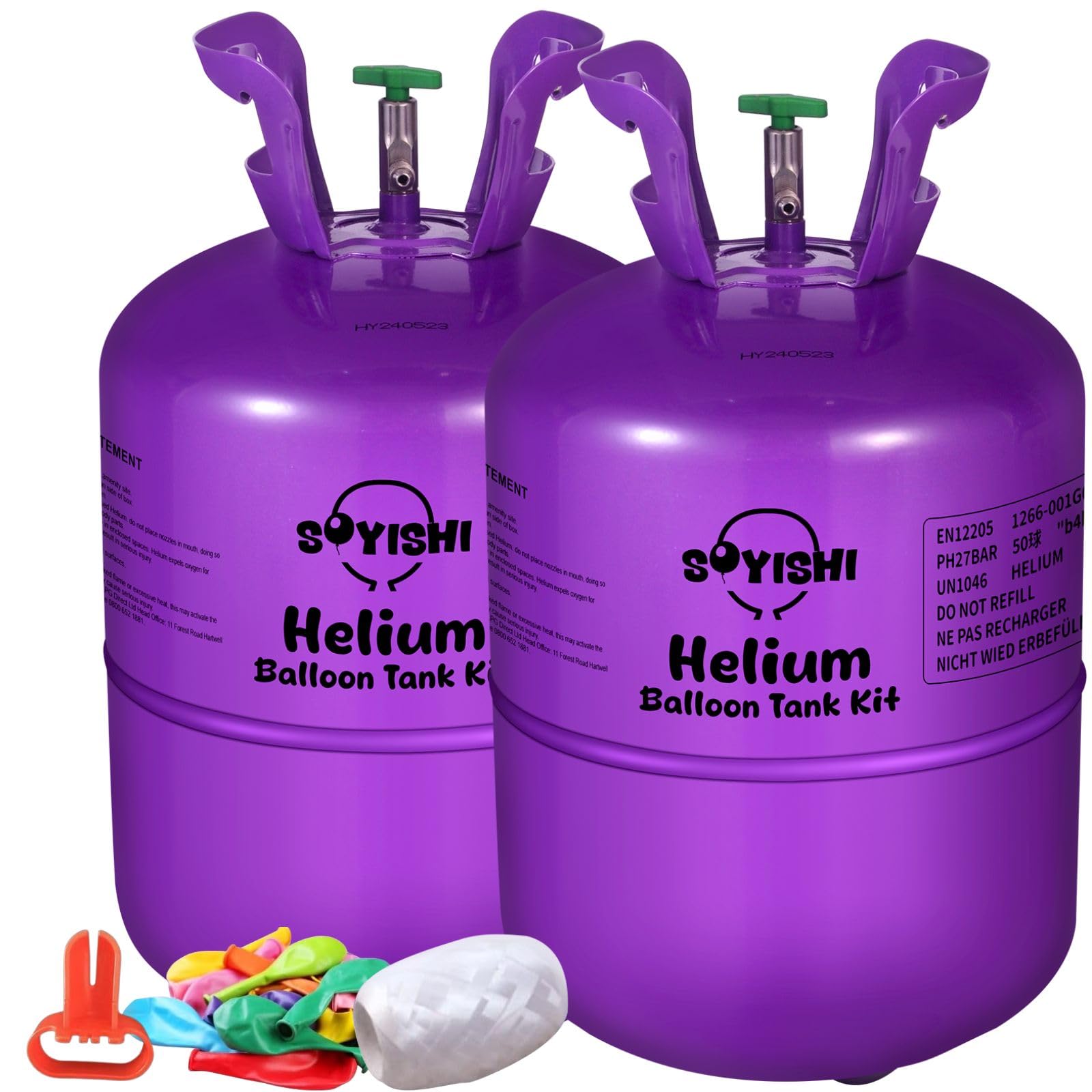 13.4L Helium Tank for Balloons at Home Balloon Pump Kit Up to 50 Assorted Latex Balloons White Curling Ribbon and Balloon Tie Tool (2 Tank)