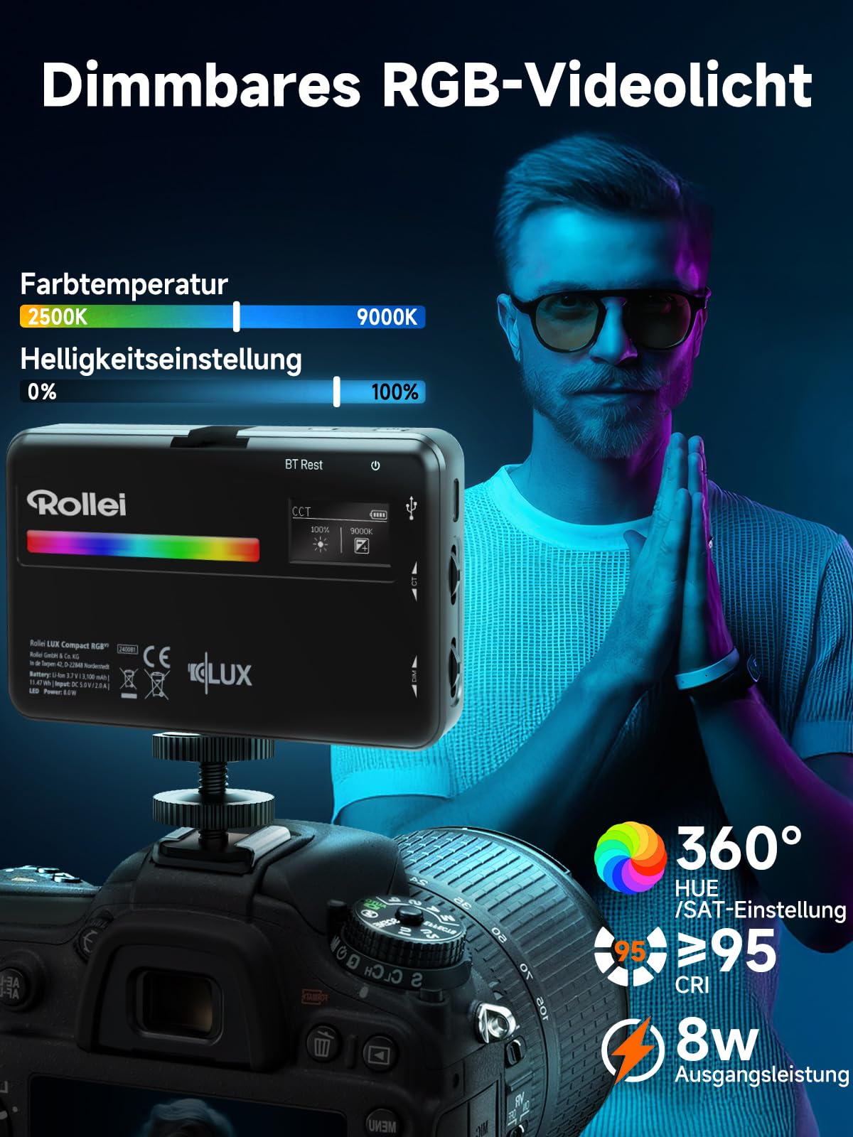 Rollei LUX Compact RGB Kamera Licht, Led Dauerlicht mit 360 Farben und 13 Lichteffekten, Kompackte LED Fotolicht 125g 98 CRI/TLCI mit Integrierter Akku, Fotolicht-Dauerlicht-Fotografie-Kamera-Licht